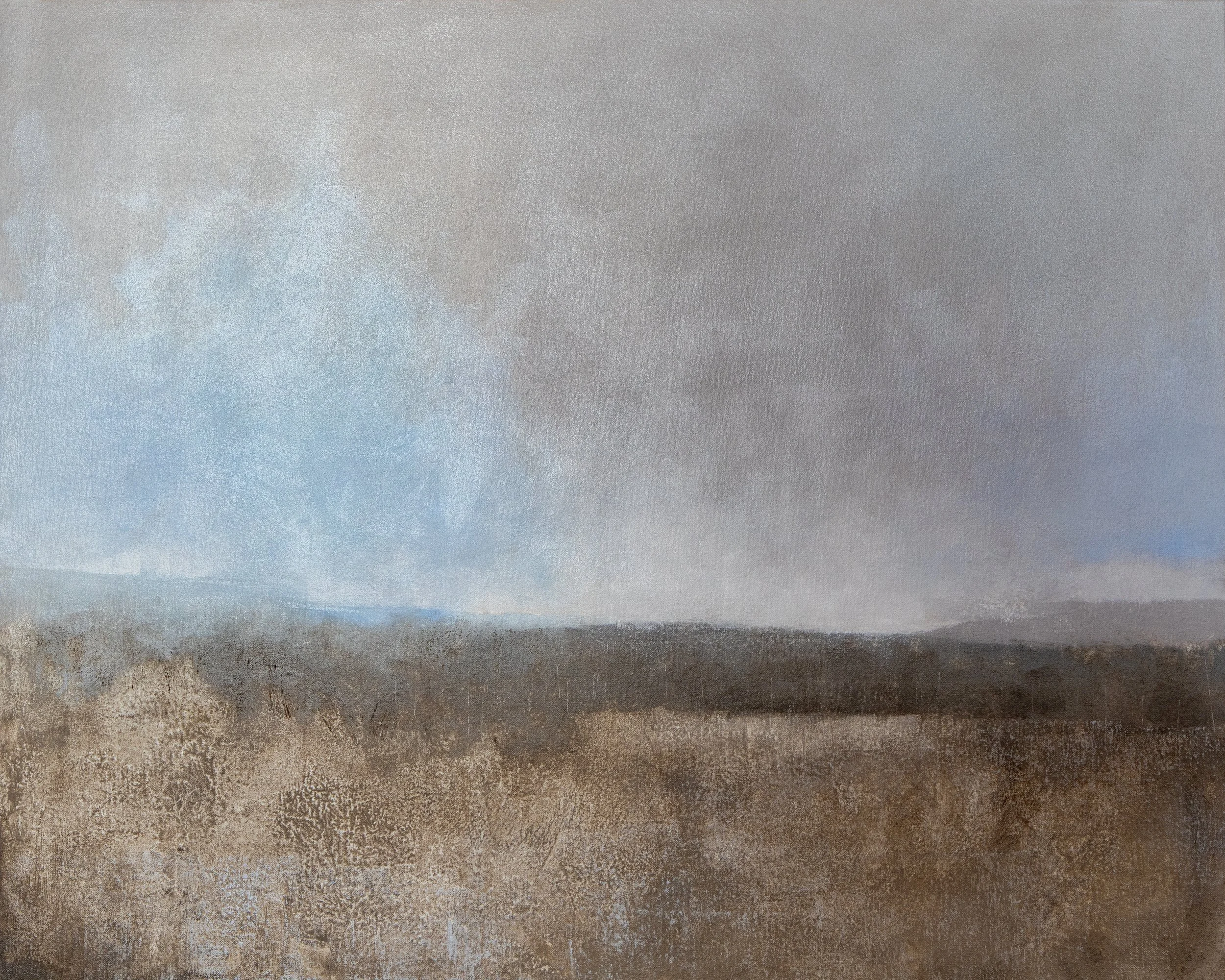Landscape with meadow, distant mountains, oil on canvas.