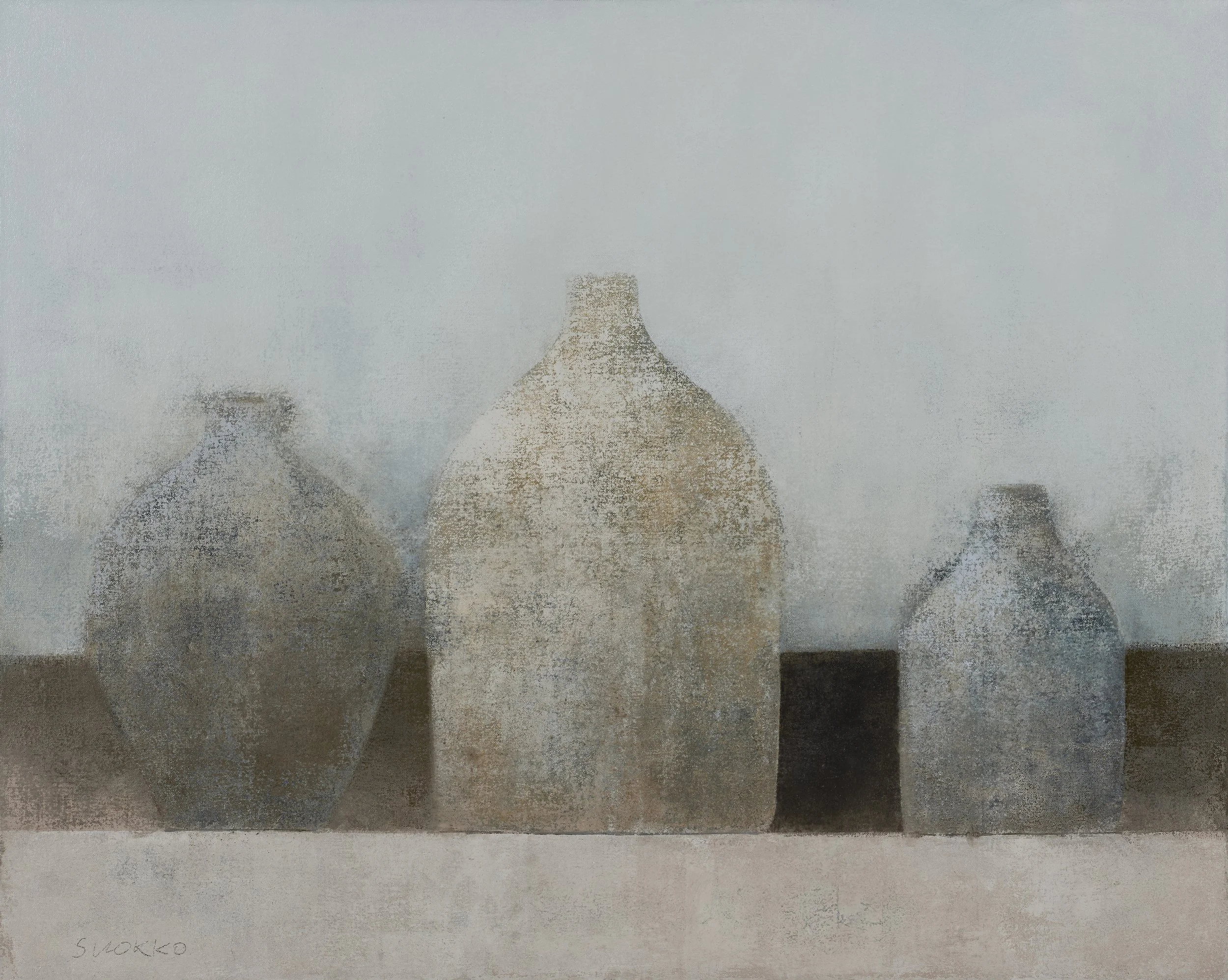 Contemporary still life of three old jugs in neutral grays.