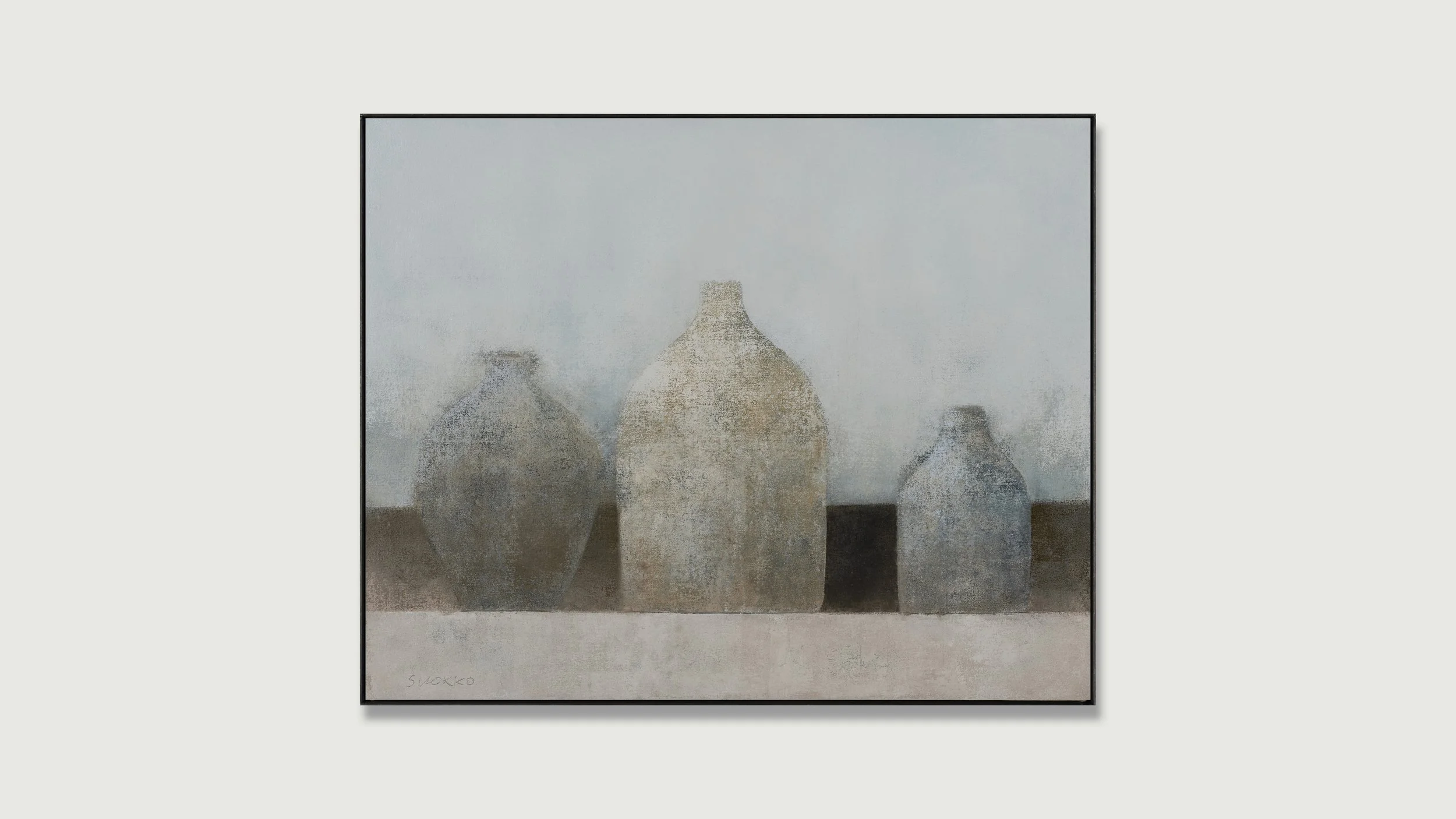 Framed still life painting in oil of three old jugs on a table by Glenn Suokko.