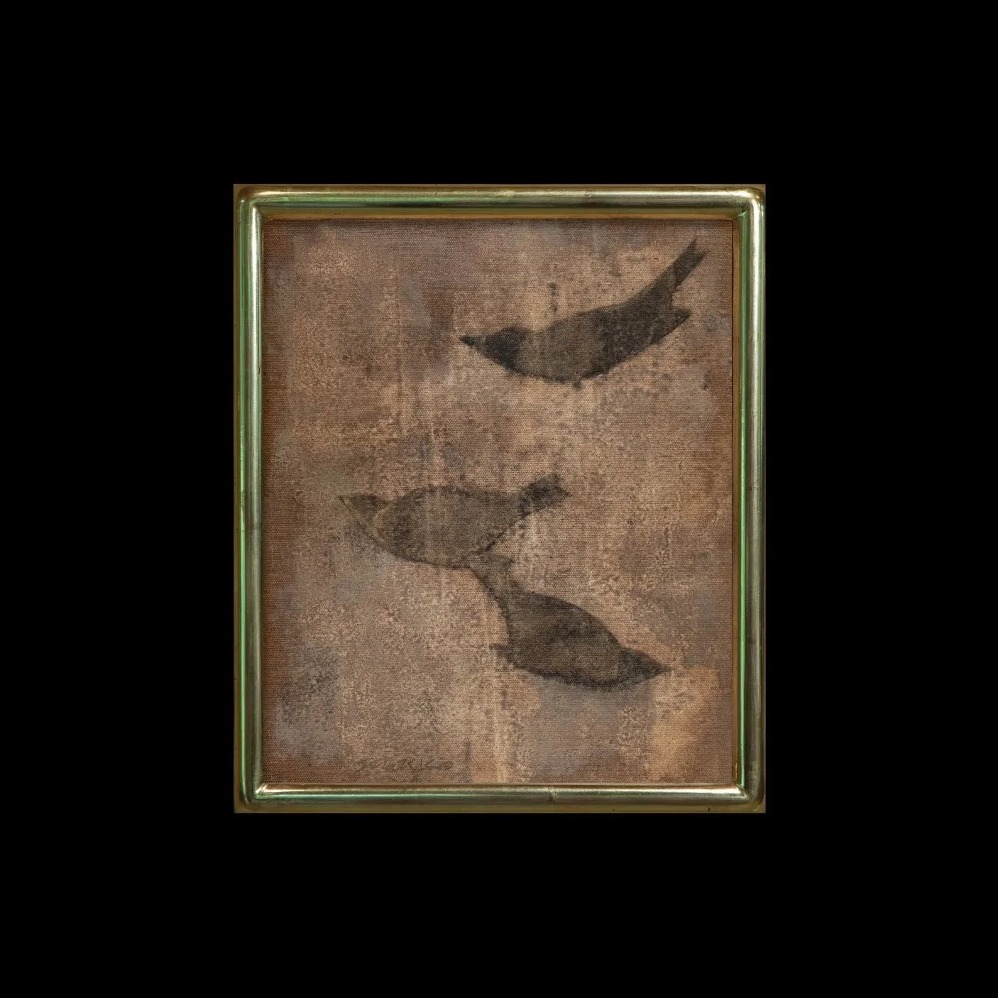 “Untitled (Three Birds),” by Vermont artist Glenn Suokko— an oil painting of three birds in flight rendered in warm natural tones on linen board, framed in walnut with gold leaf by Guido Frames, 2025.