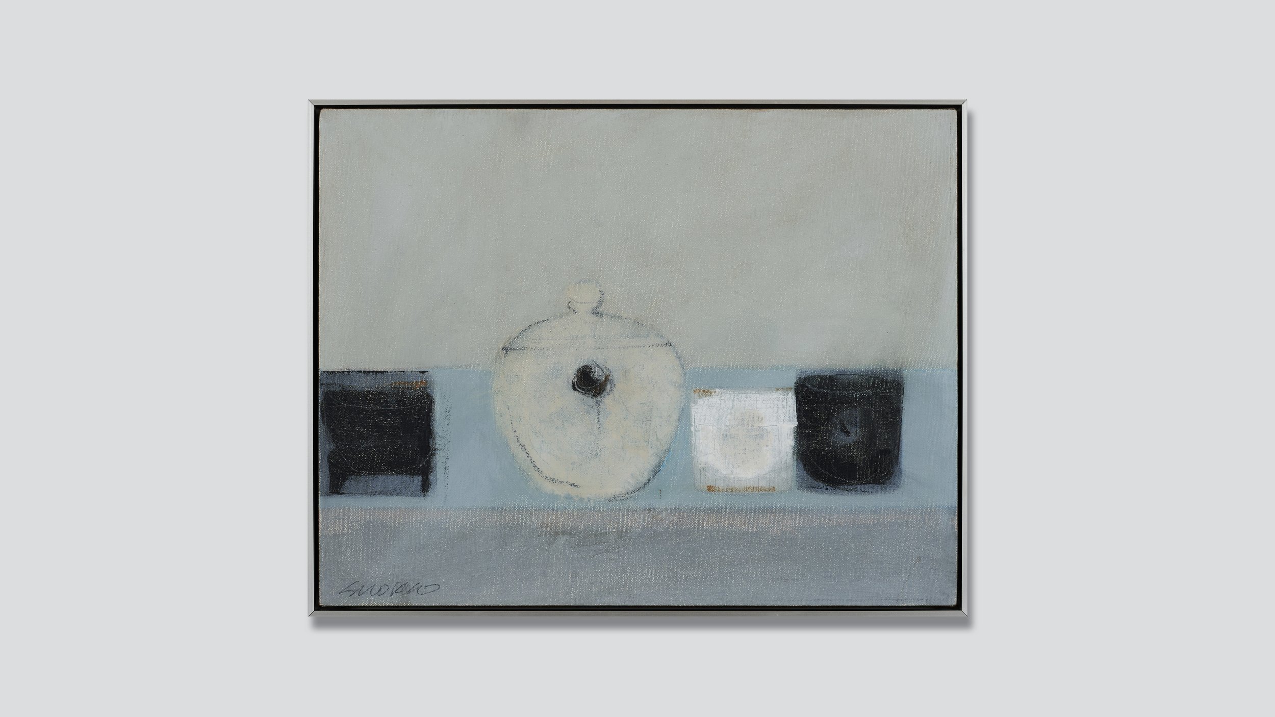 Framed painting, abstract still life with teapot and three cups.