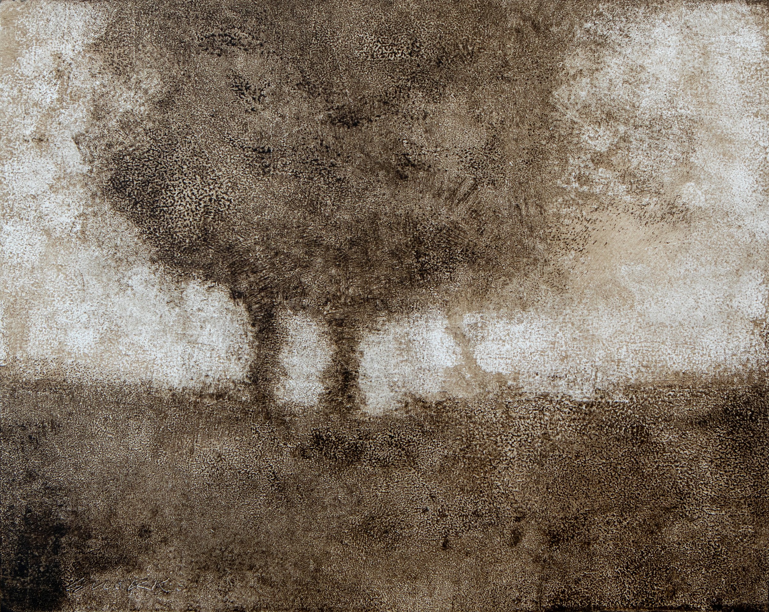 Landscape in neutral tones, oil on wood panel.