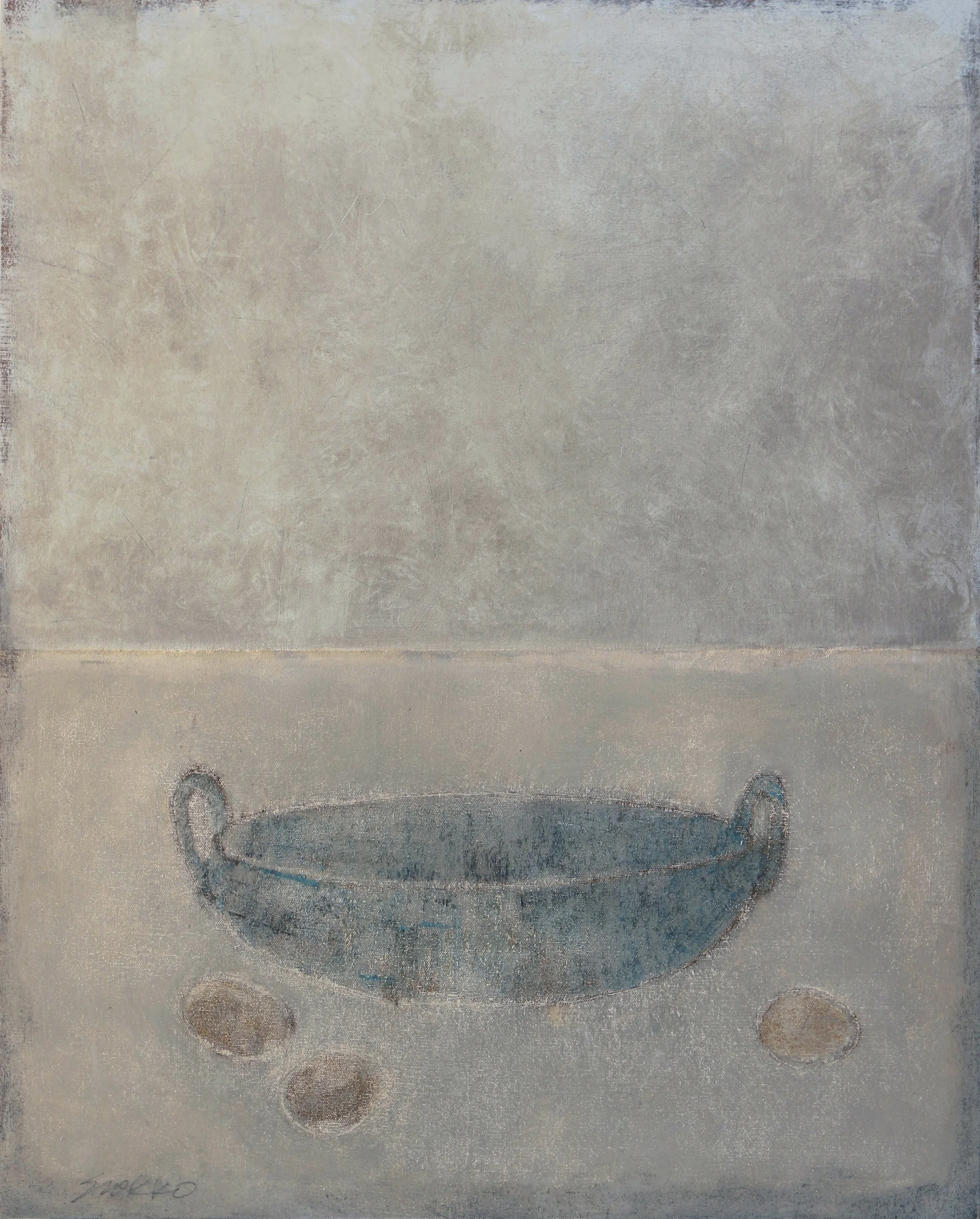 Still life with wide black bowl and three eggs, oil on canvas.