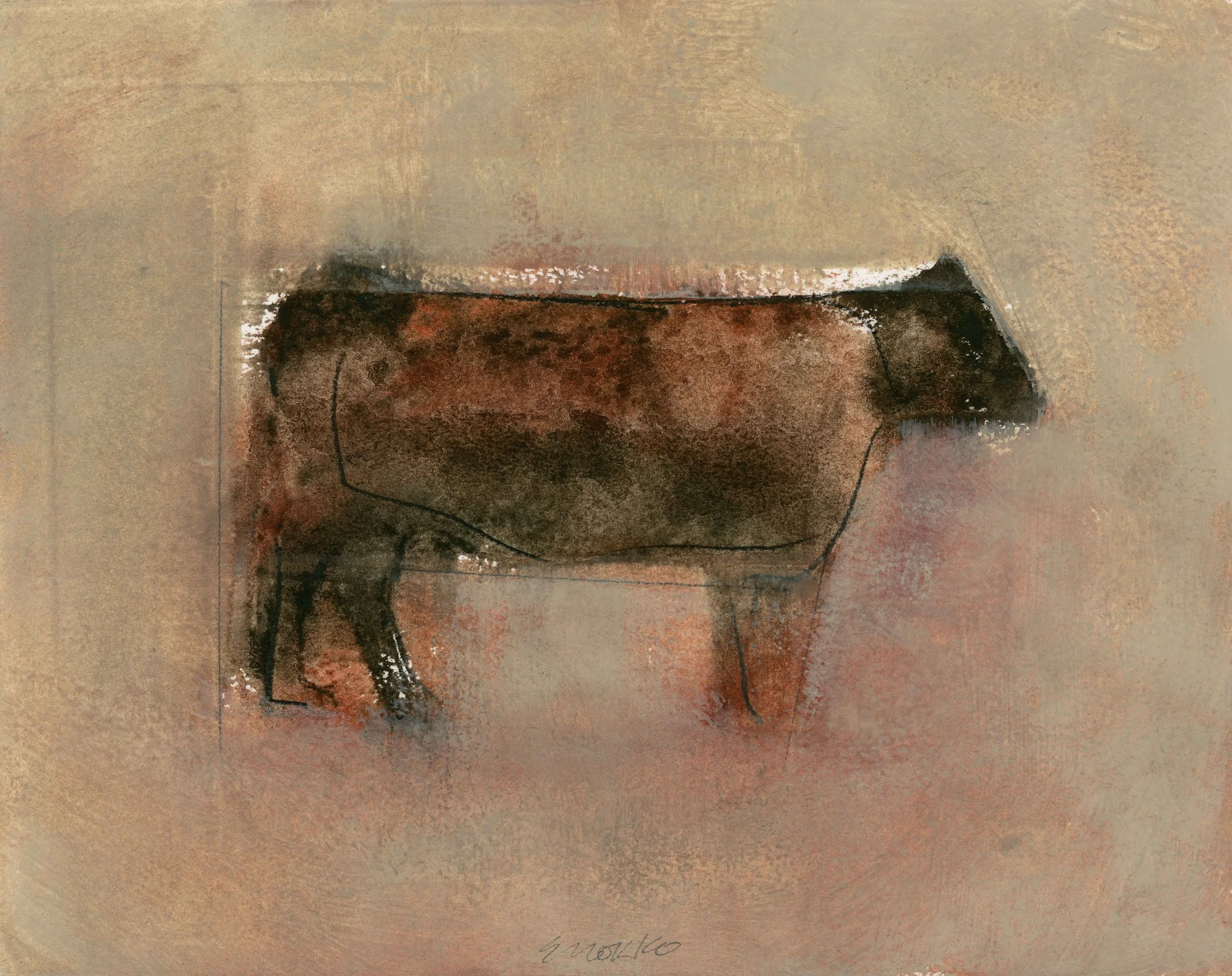 An 8×10-inch work on Arches paper showing a standing black Angus cow in profile, created with layered oil, monotype, and pastel. Part of Glenn Suokko’s iterative Standing Cow series.