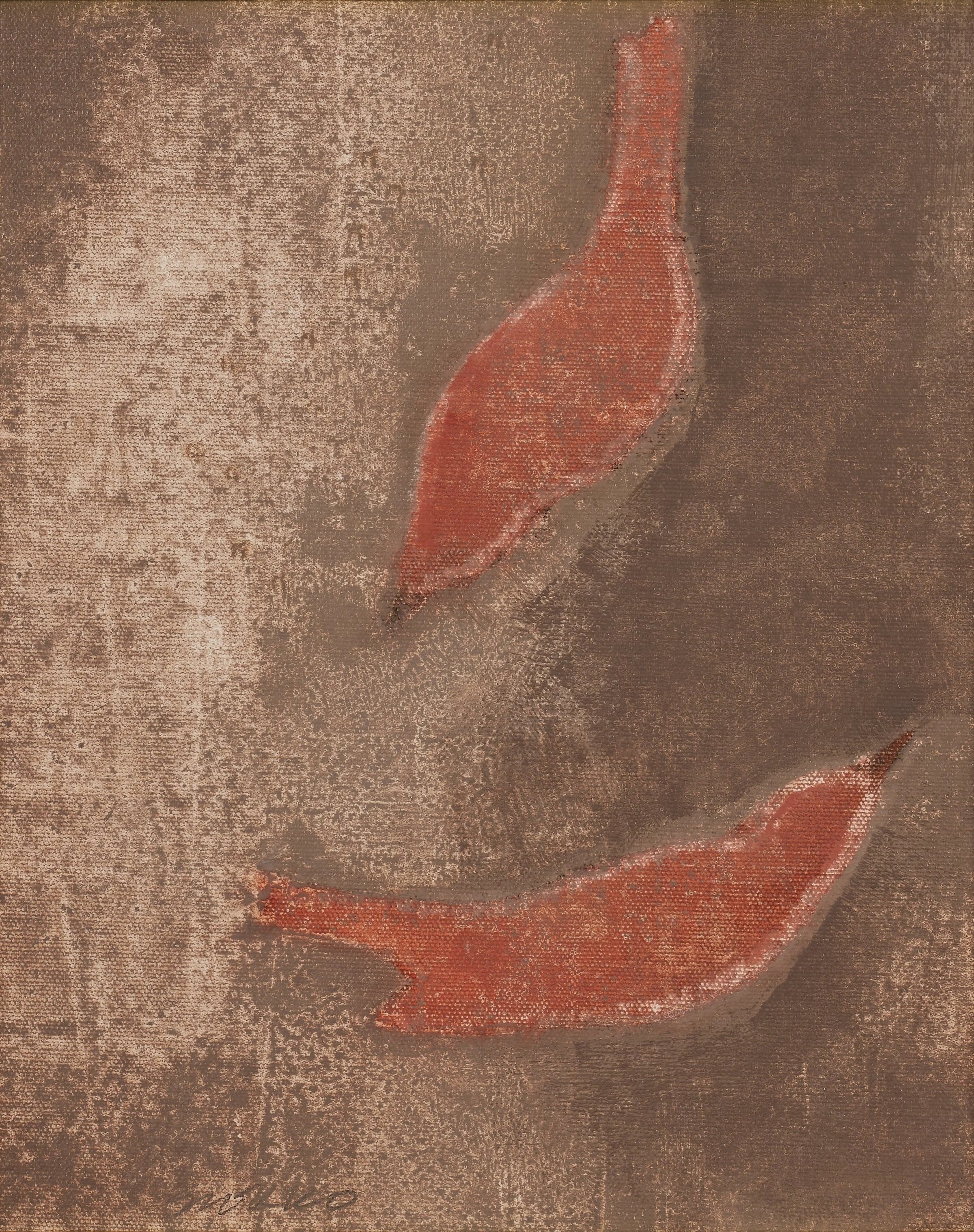 Two red bird forms, oil on linen by Glenn Suokko.