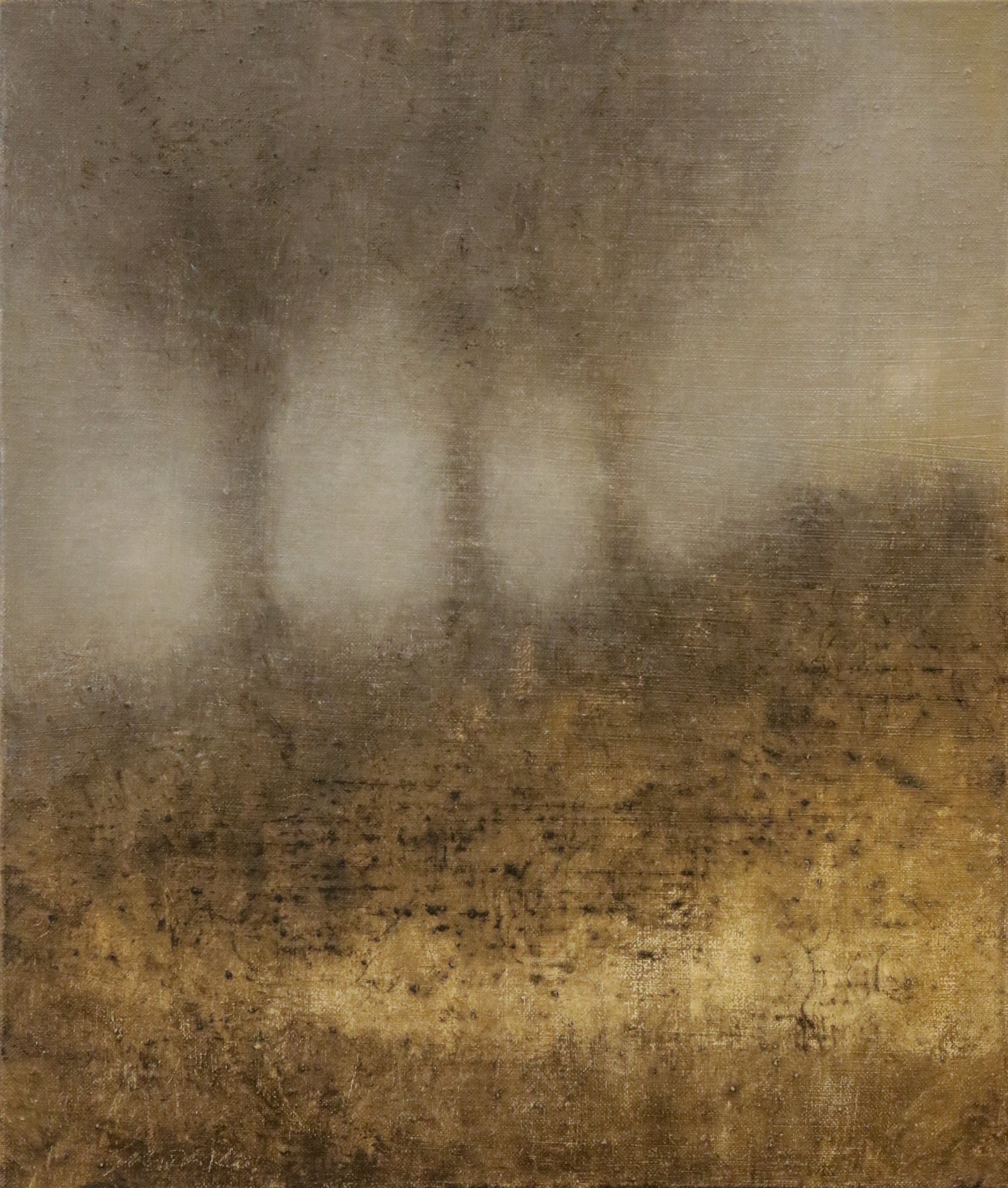 Soft, warm landscape with three trees.