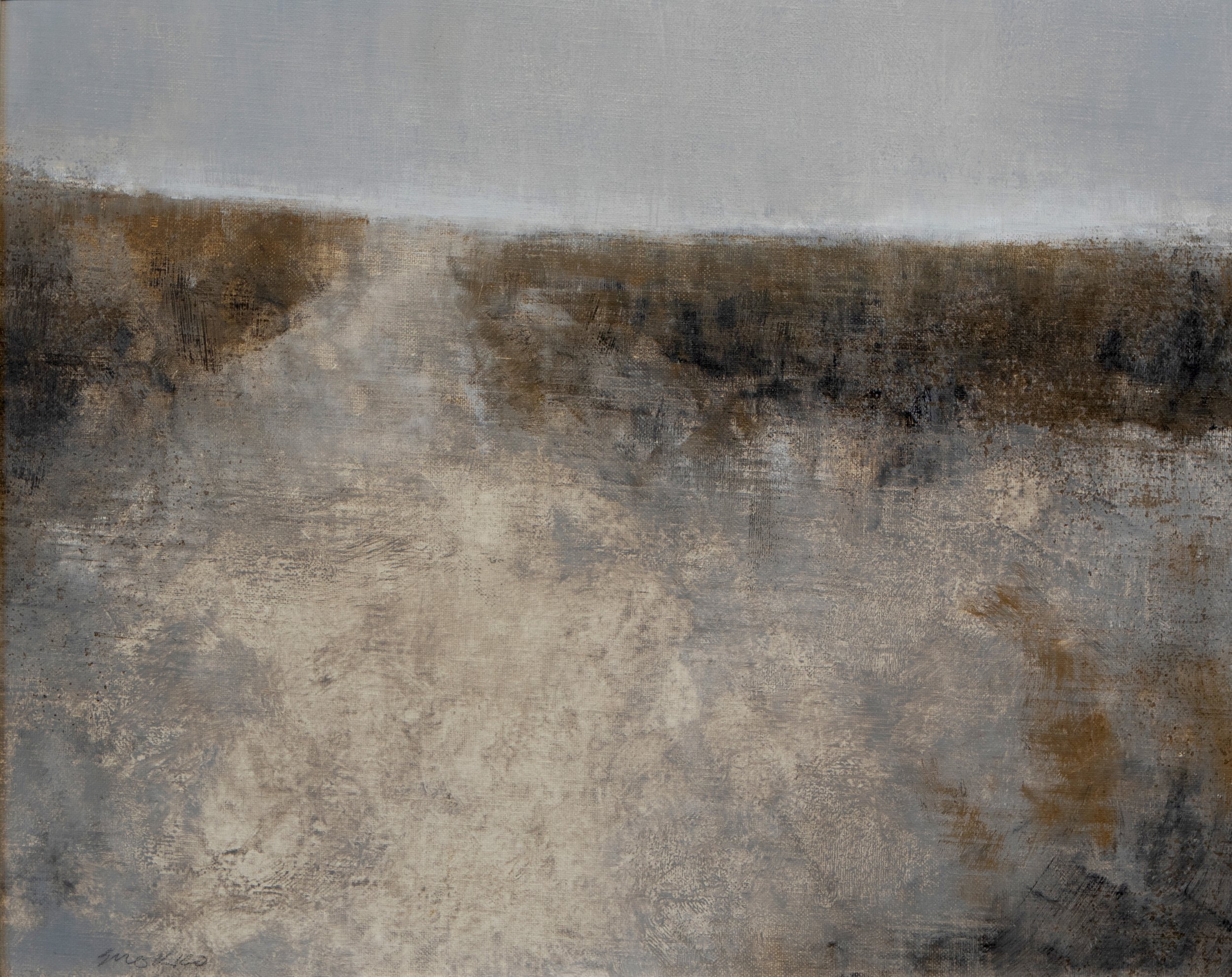 Landscape with path leading through a meadow up a hill, oil on linen.