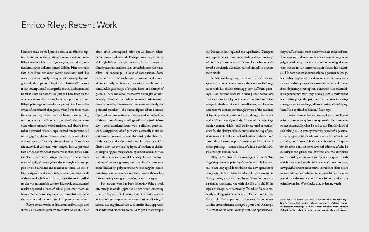 "Enrico Riley: Portable Vision" exhibition catalogue, essay.