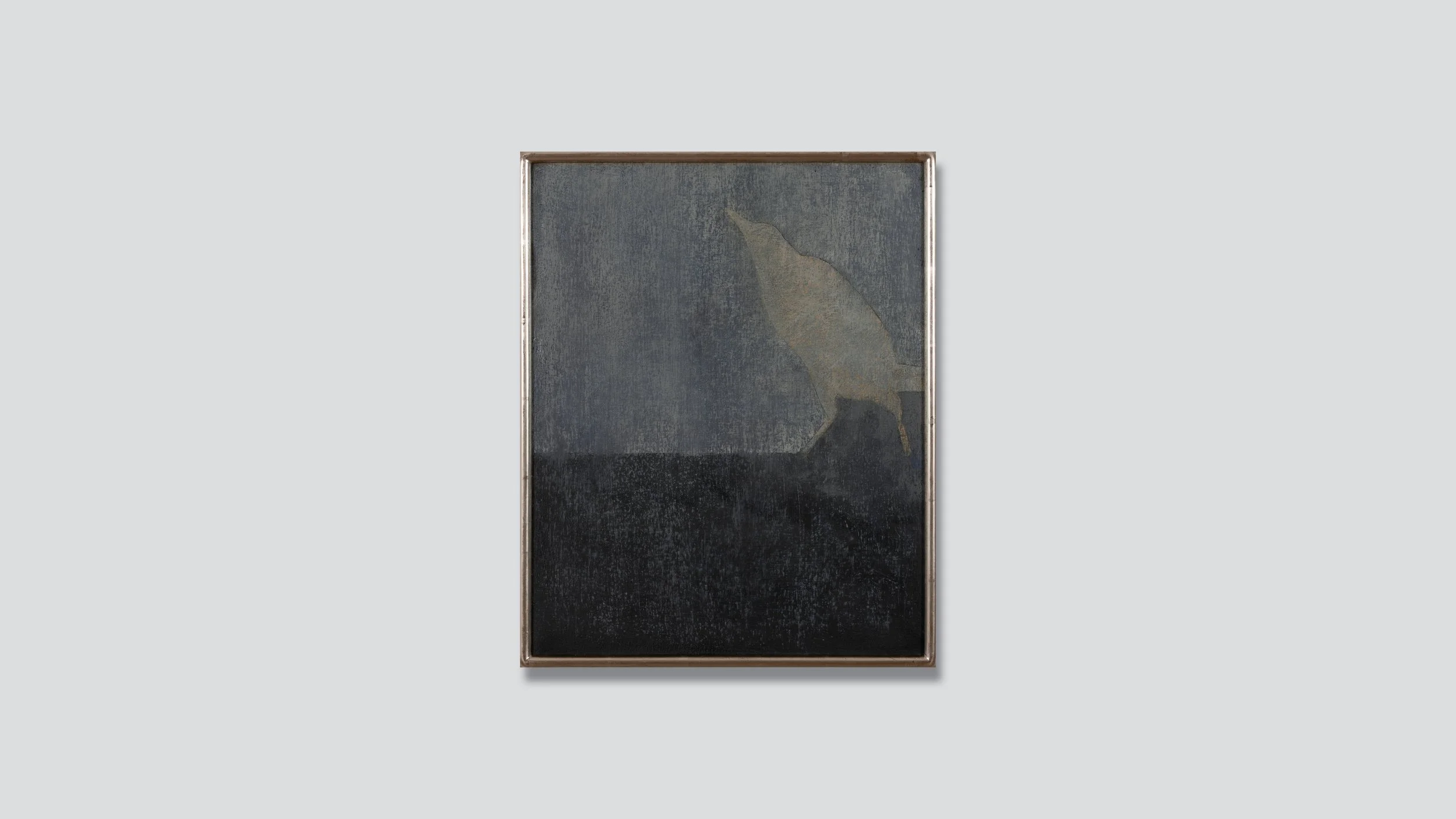 Framed oil painting of a walking bird on an abstract field.