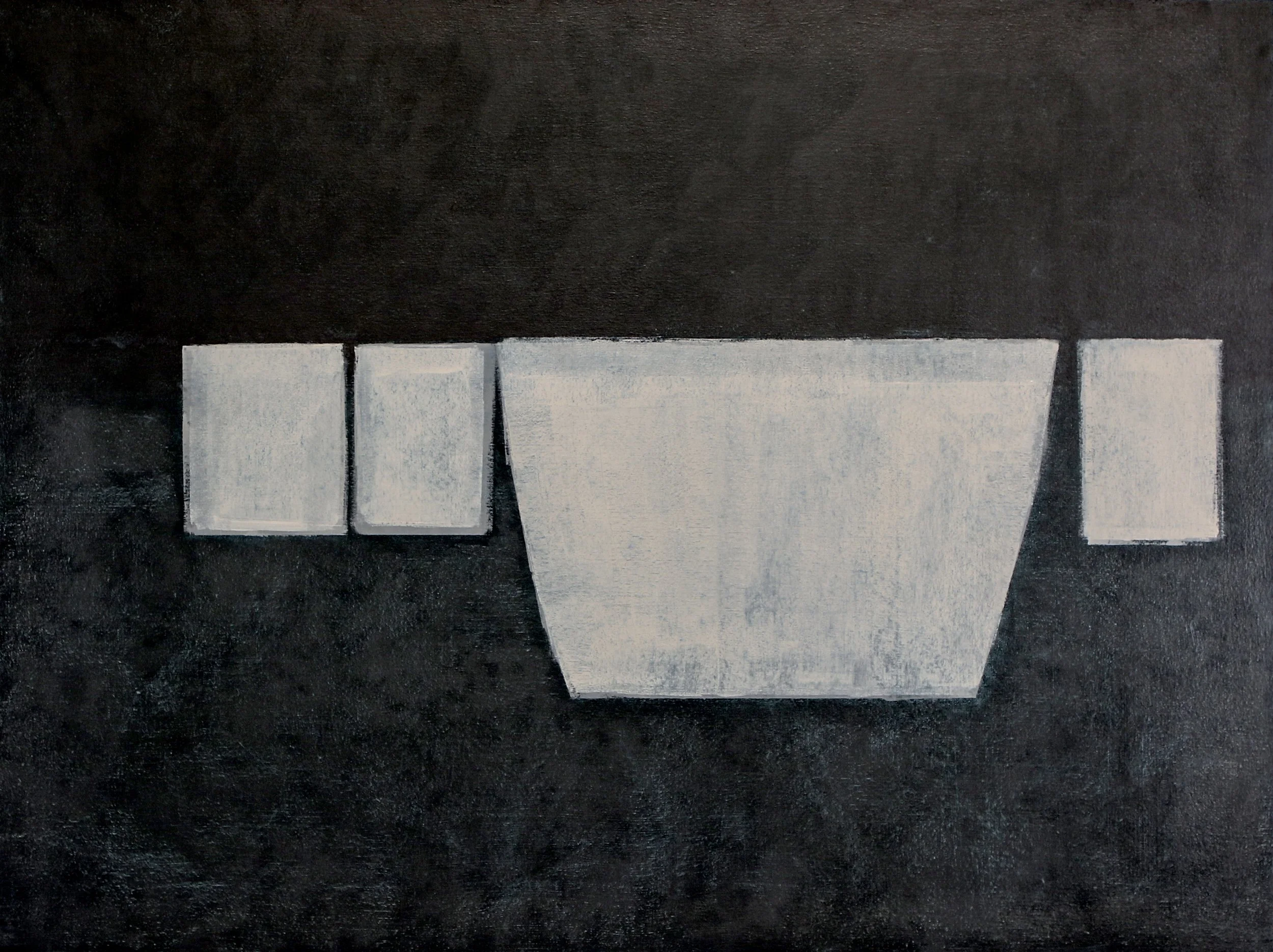Four white vessels on a black background, oil on canvas, Glenn Suokko.