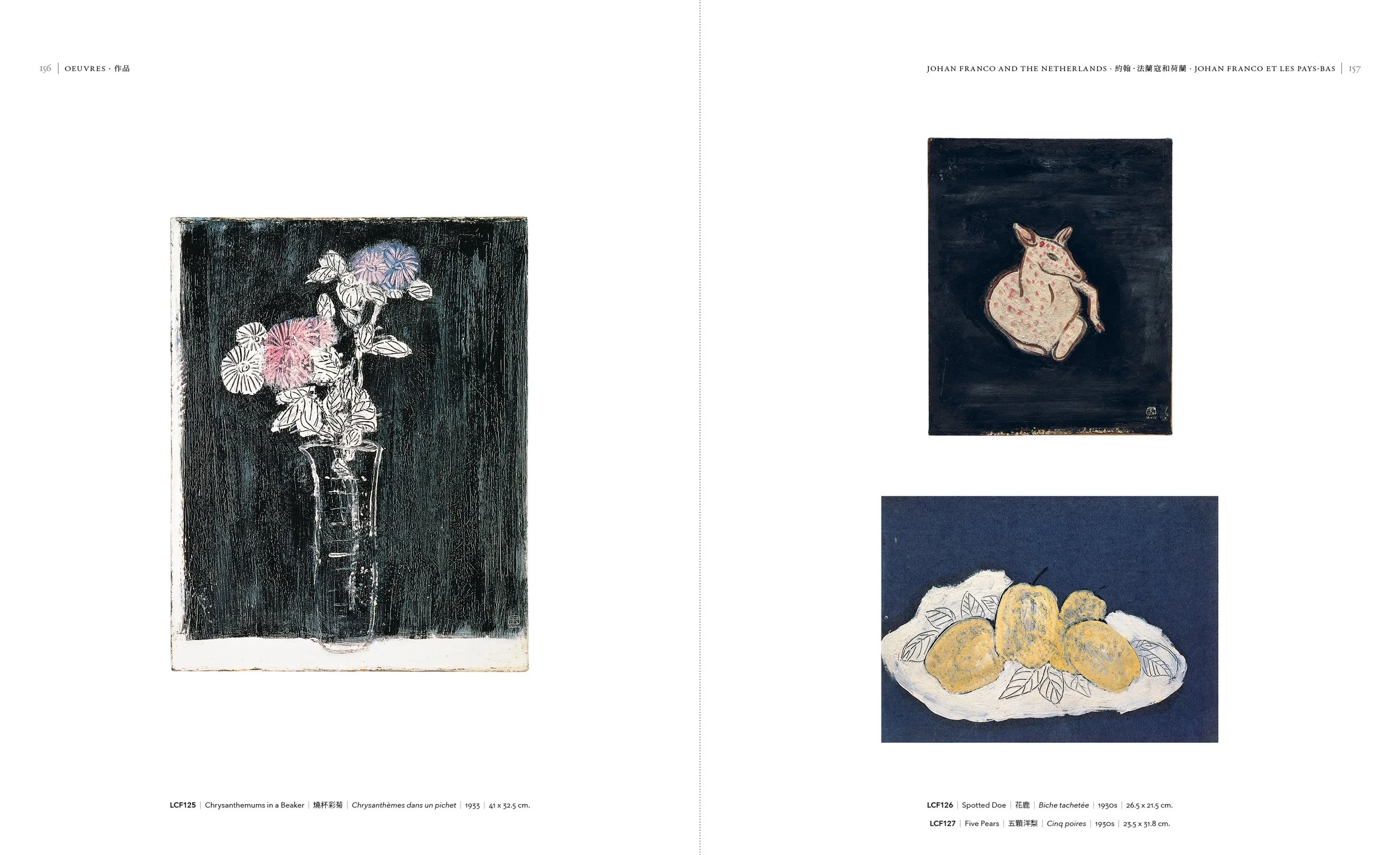 Page showing three paintings: a still life of pink and blue chrysanthemums in a vase, a stylized horse figure on a dark background, and a white pillow with yellow pears and leaves against a blue background.