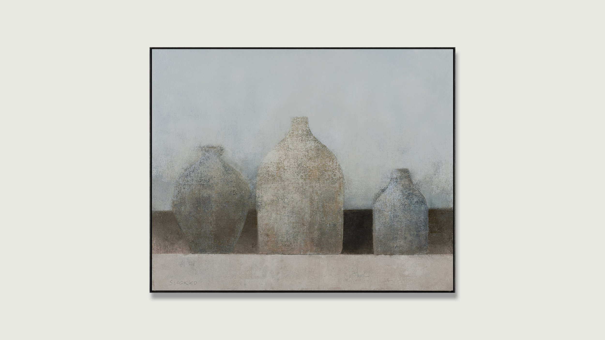 Still life in oil, three old jugs on a table top by Glenn Suokko.