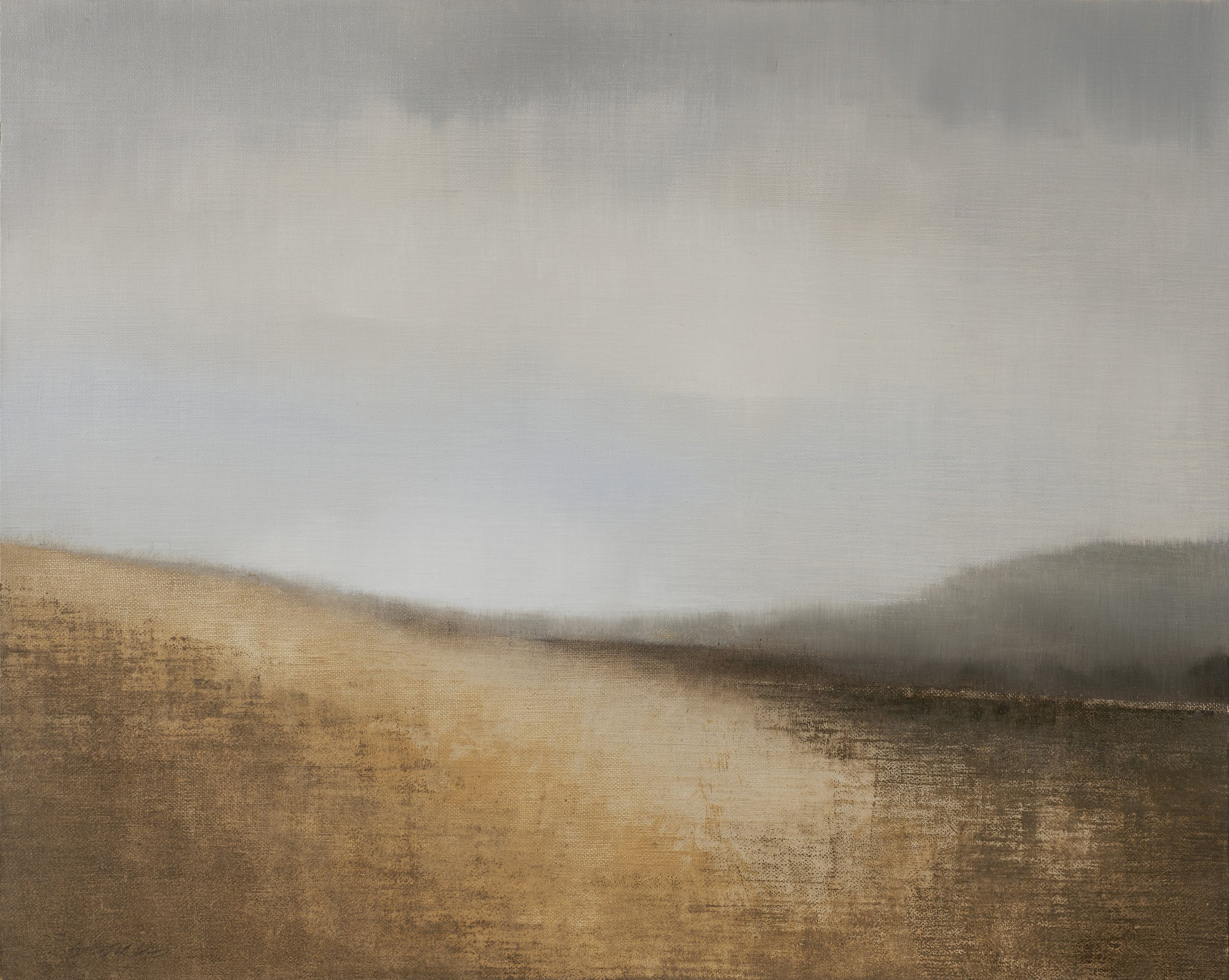 Landscape with hillside meadow, oil on linen.