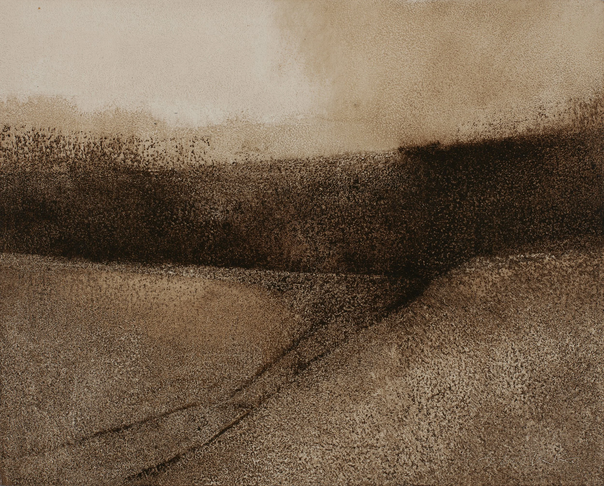 Rustic landscape in raw umber, oil on wood, Glenn Suokko.