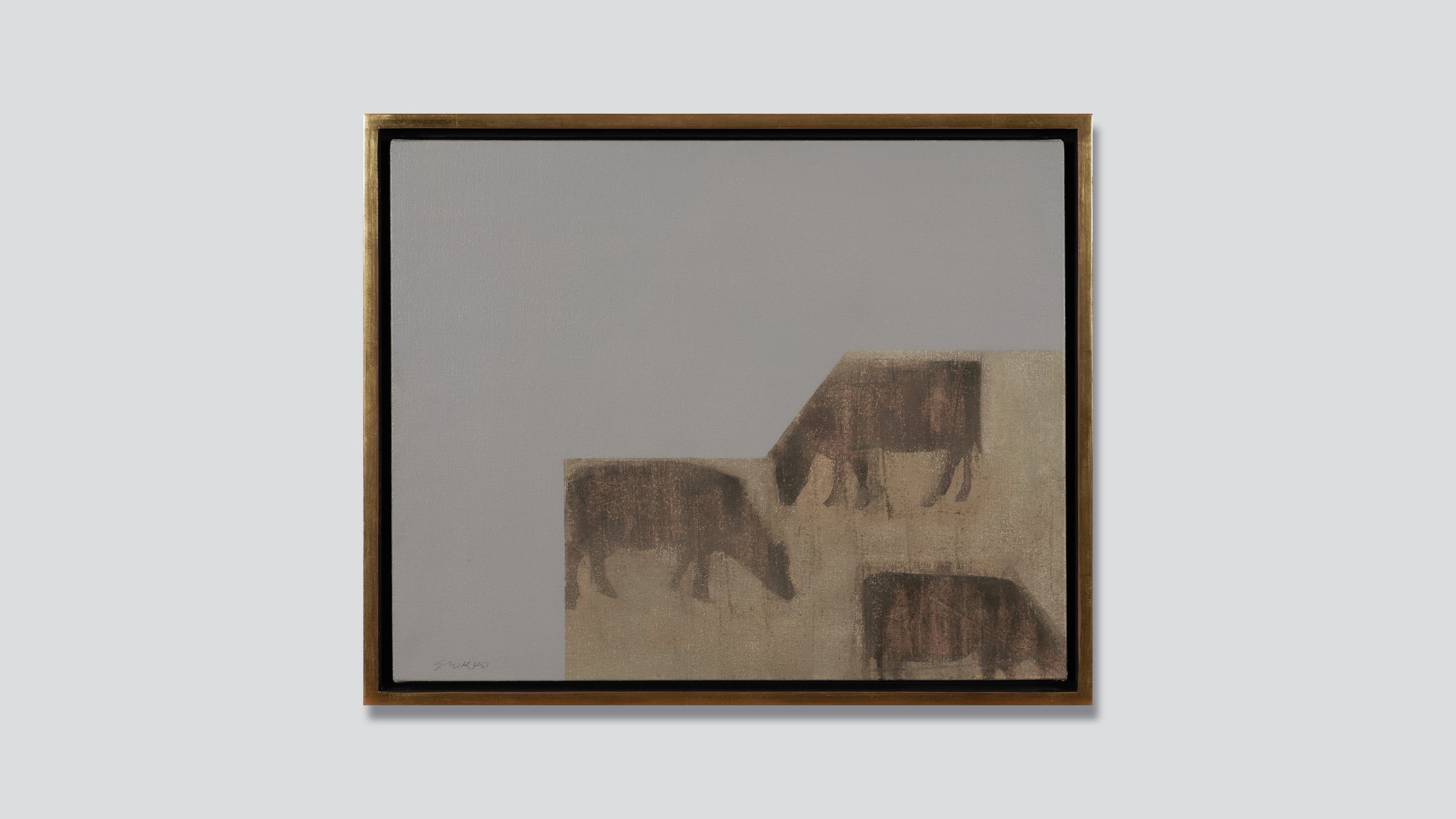 Framed painting of three grazing cows on a geometric field, oil on canvas.