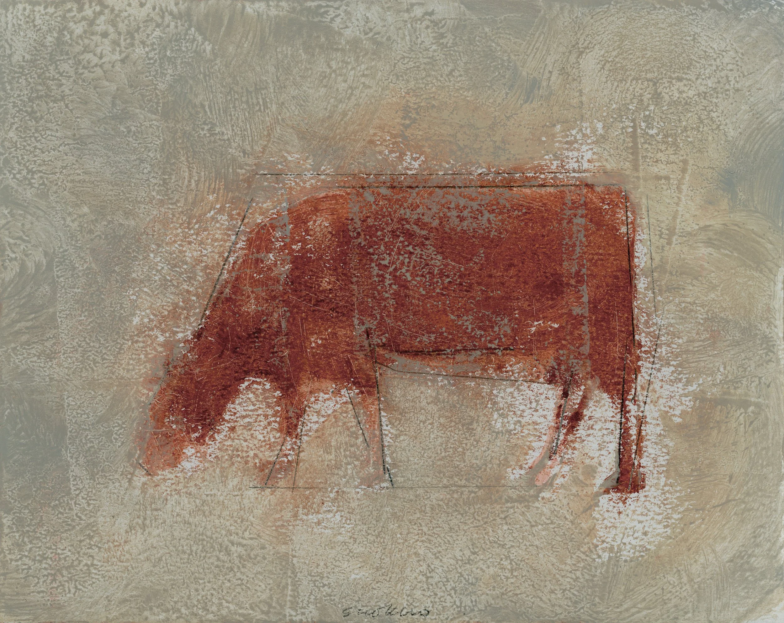 Red cow with sketched outline on a painterly neutral background.