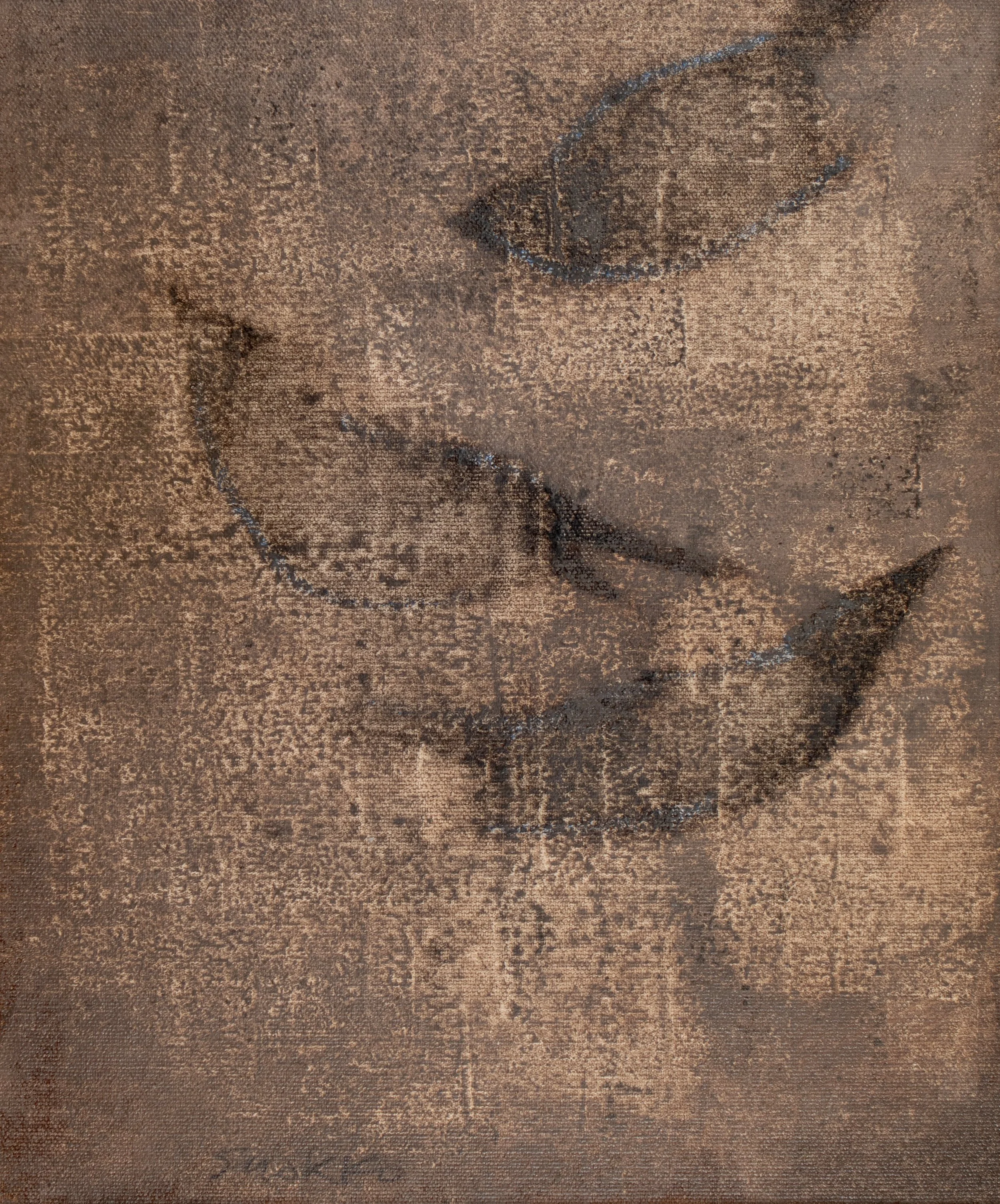 Three birds in flight, dissolving into an abstract background, oil on linen, Glenn Suokko.