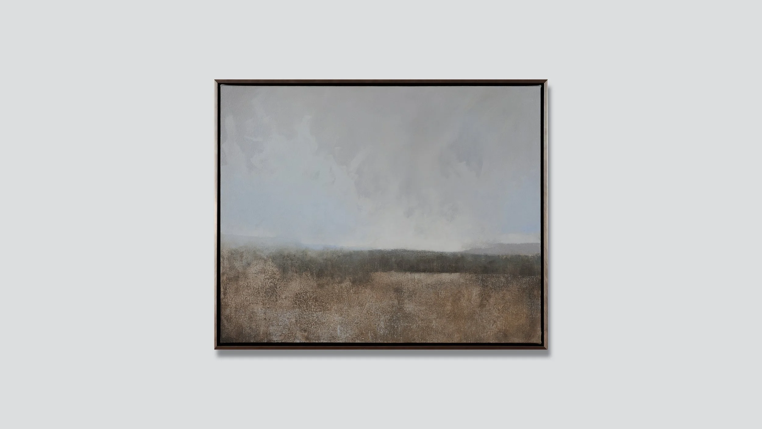 Framed landscape with meadow, distant mountains, oil on canvas.