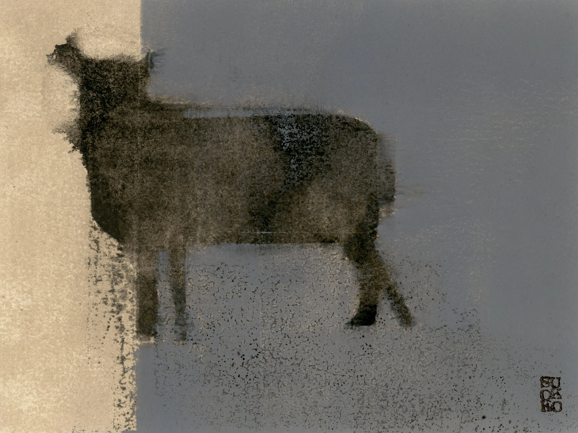 A single sheep standing still, oil on paper.