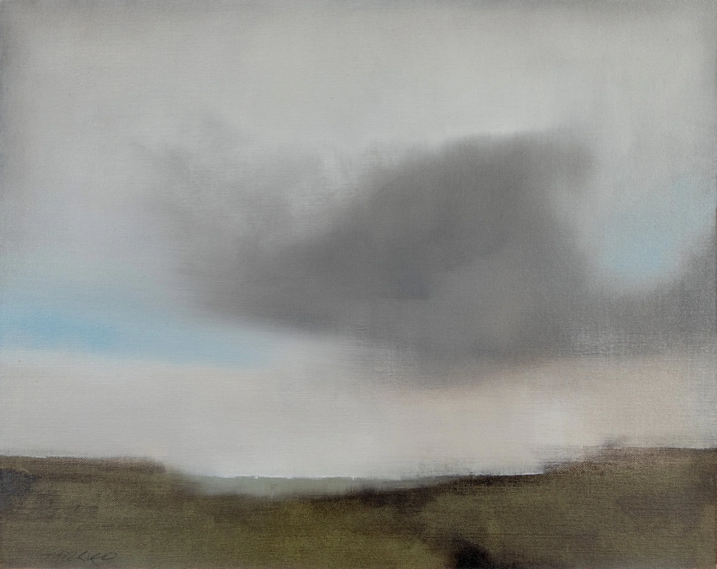 Atmospheric landscape with low horizon and clouds, oil on linen.