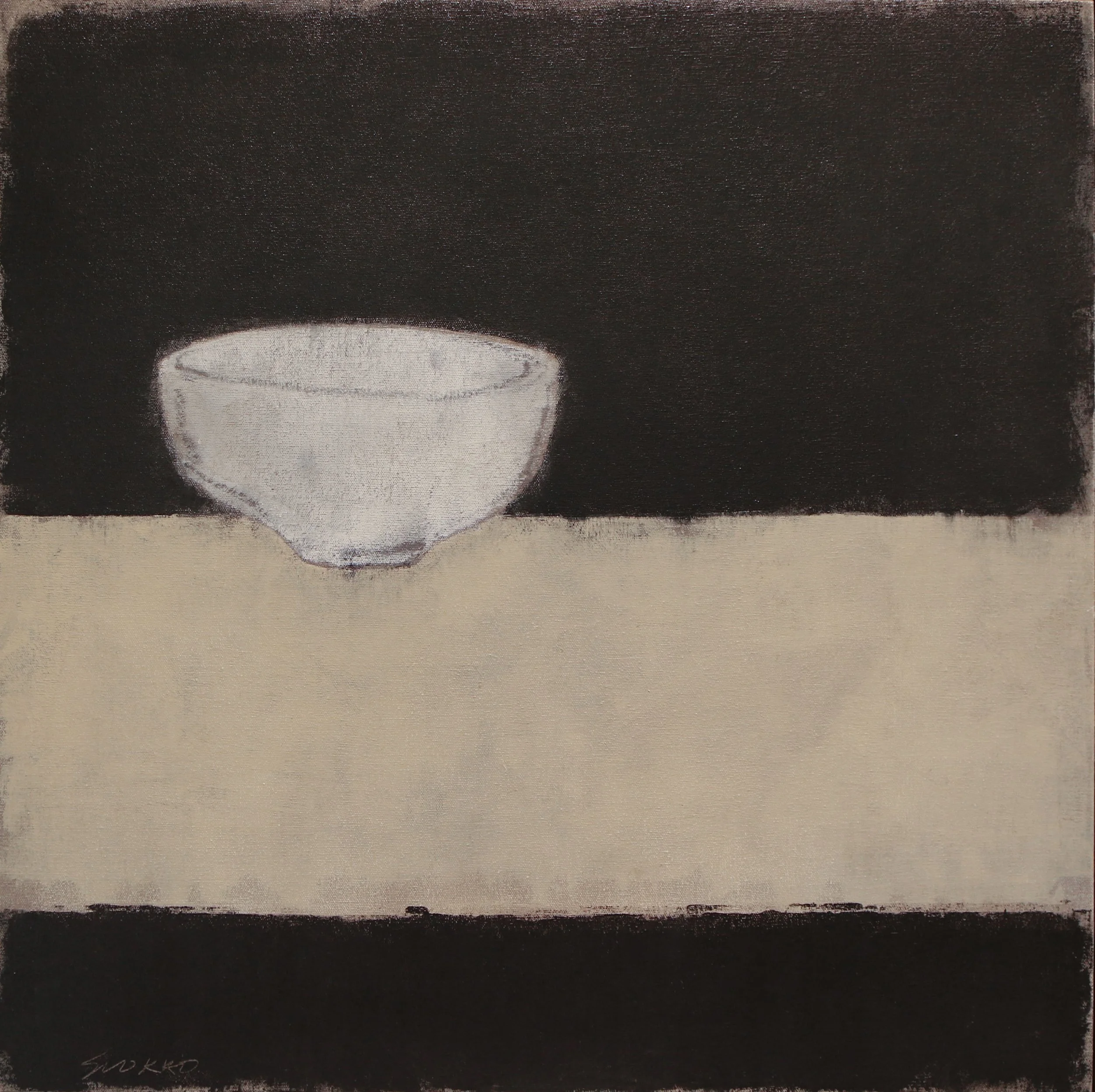 Still life with white bowl on a linen cloth, oil on canvas by Glenn Suokko.