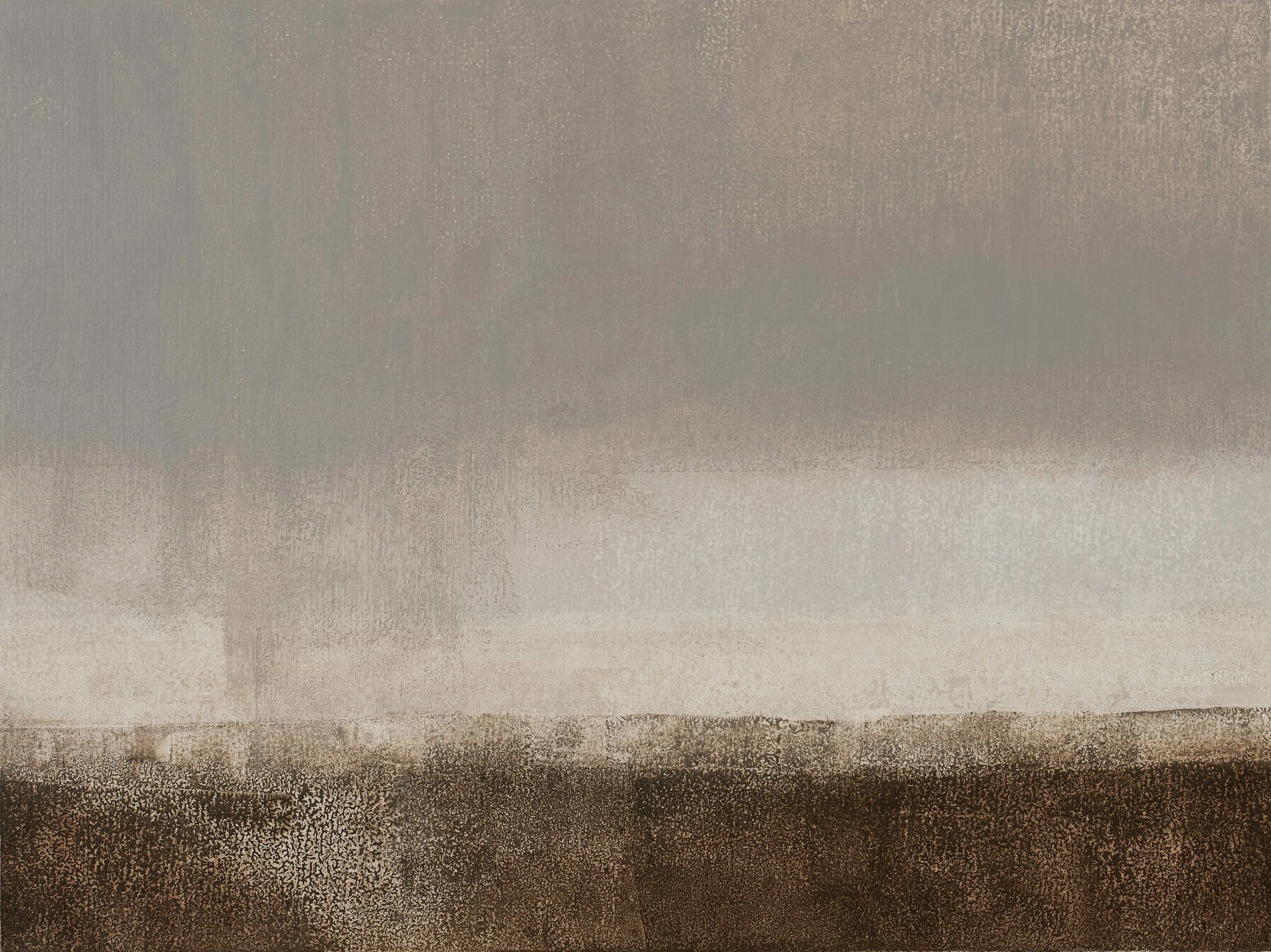 Landscape in muted colors with rainstorm, oil on wood.