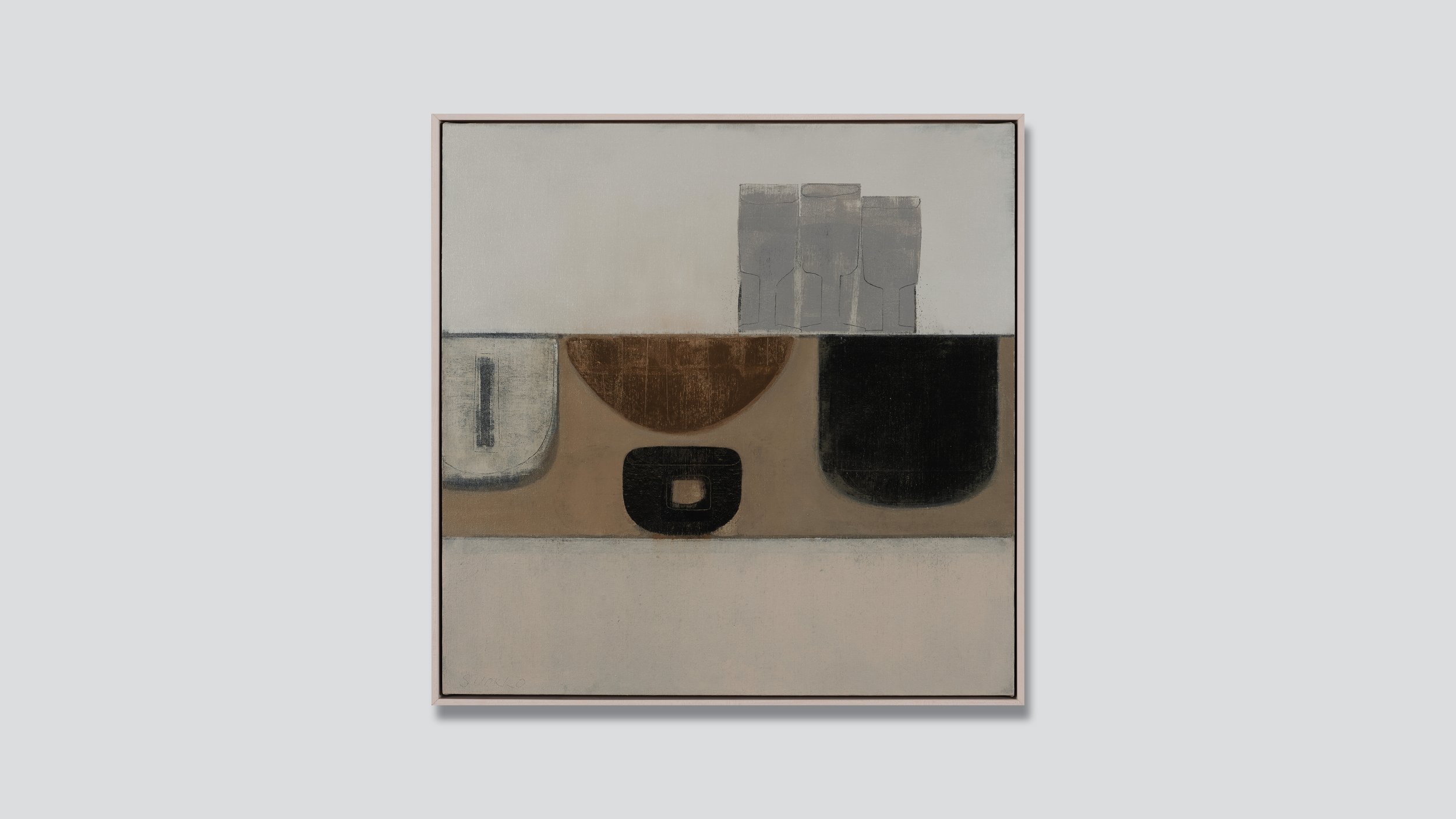 Framed painting, abstract still life with vessels and wine glasses.