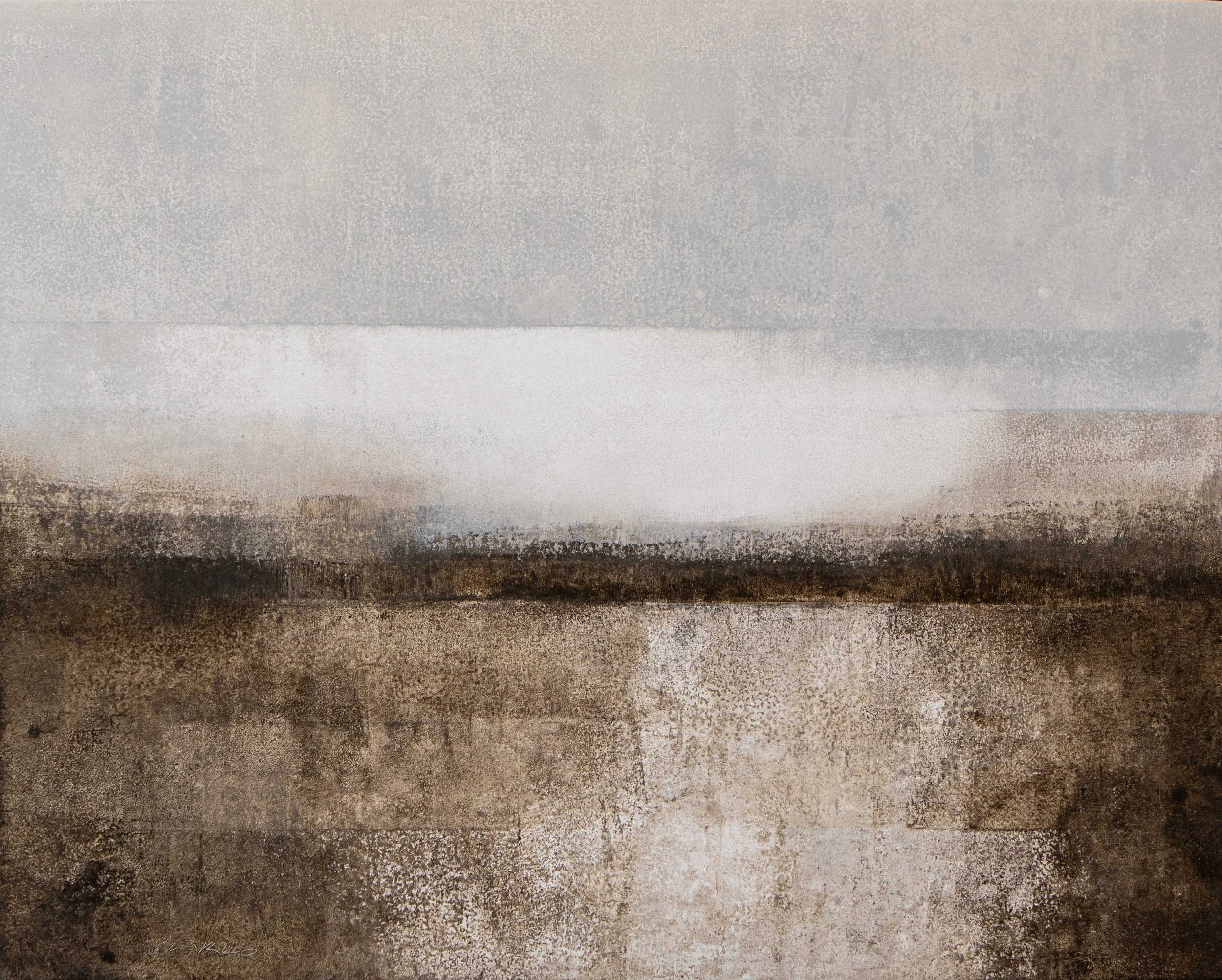 Landscape in gray and raw umber, oil on wood.