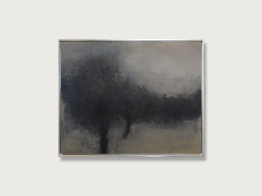 Framed landscape painting of apple trees in a meadow, monochromatic and serene — oil on canvas by Glenn Suokko.