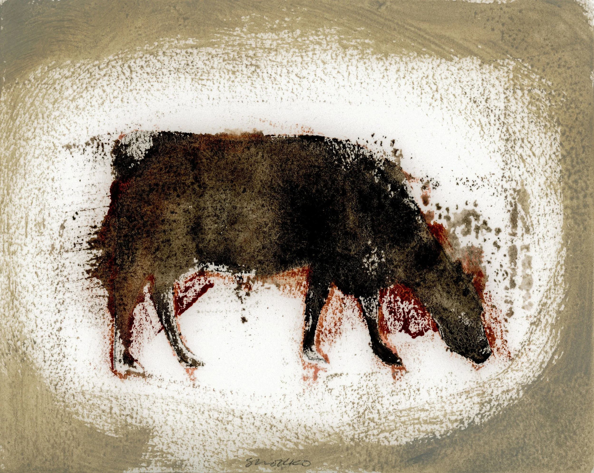 Abstract cow form with rough, blurred edges.