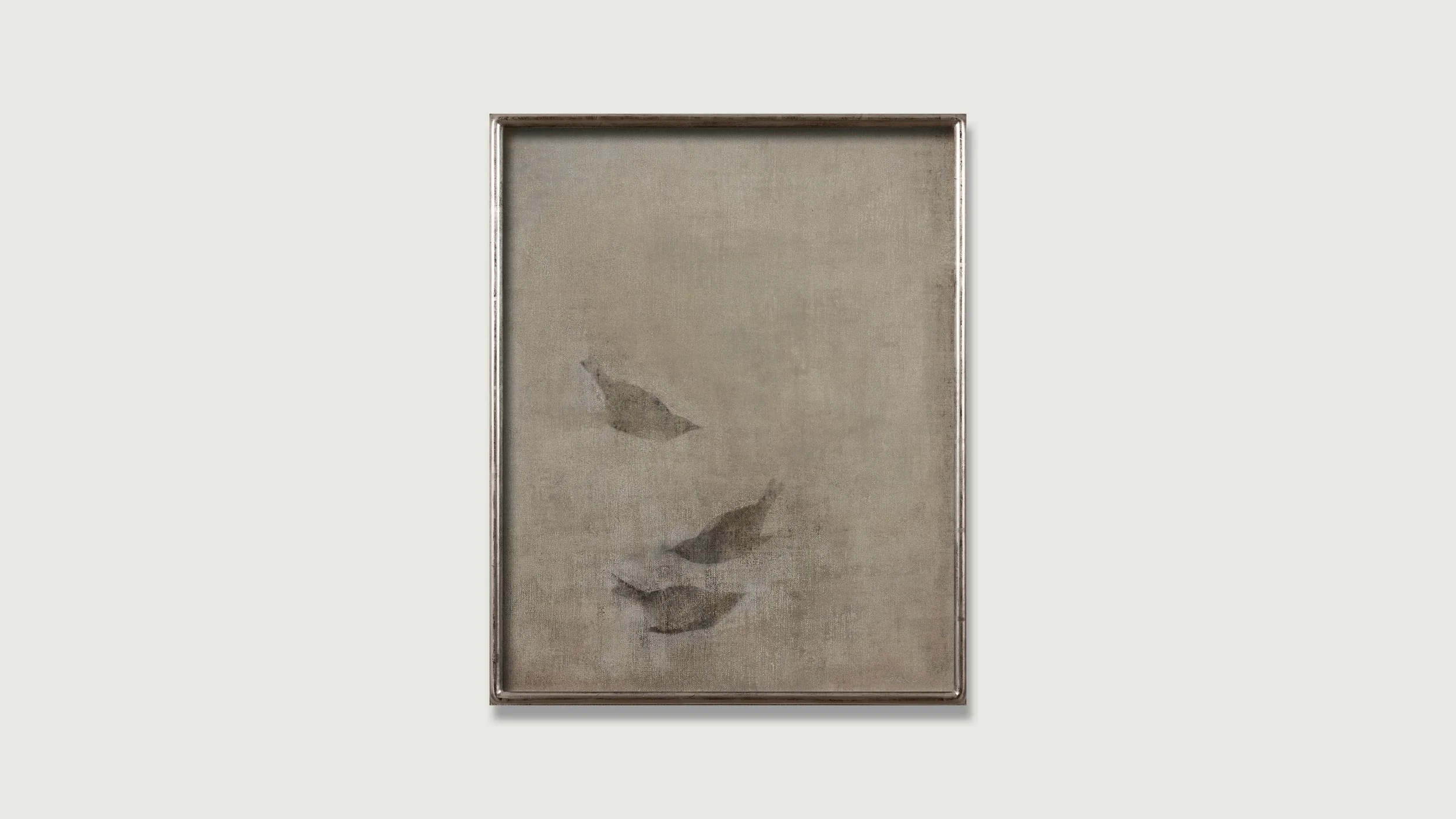 Three birds moving in space, painting in oil on linen by Glenn Suokko.