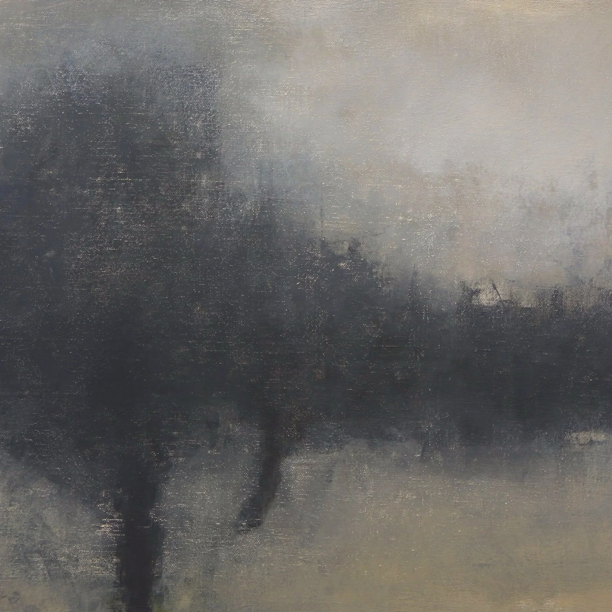 Monochromatic landscape painting with apples trees.