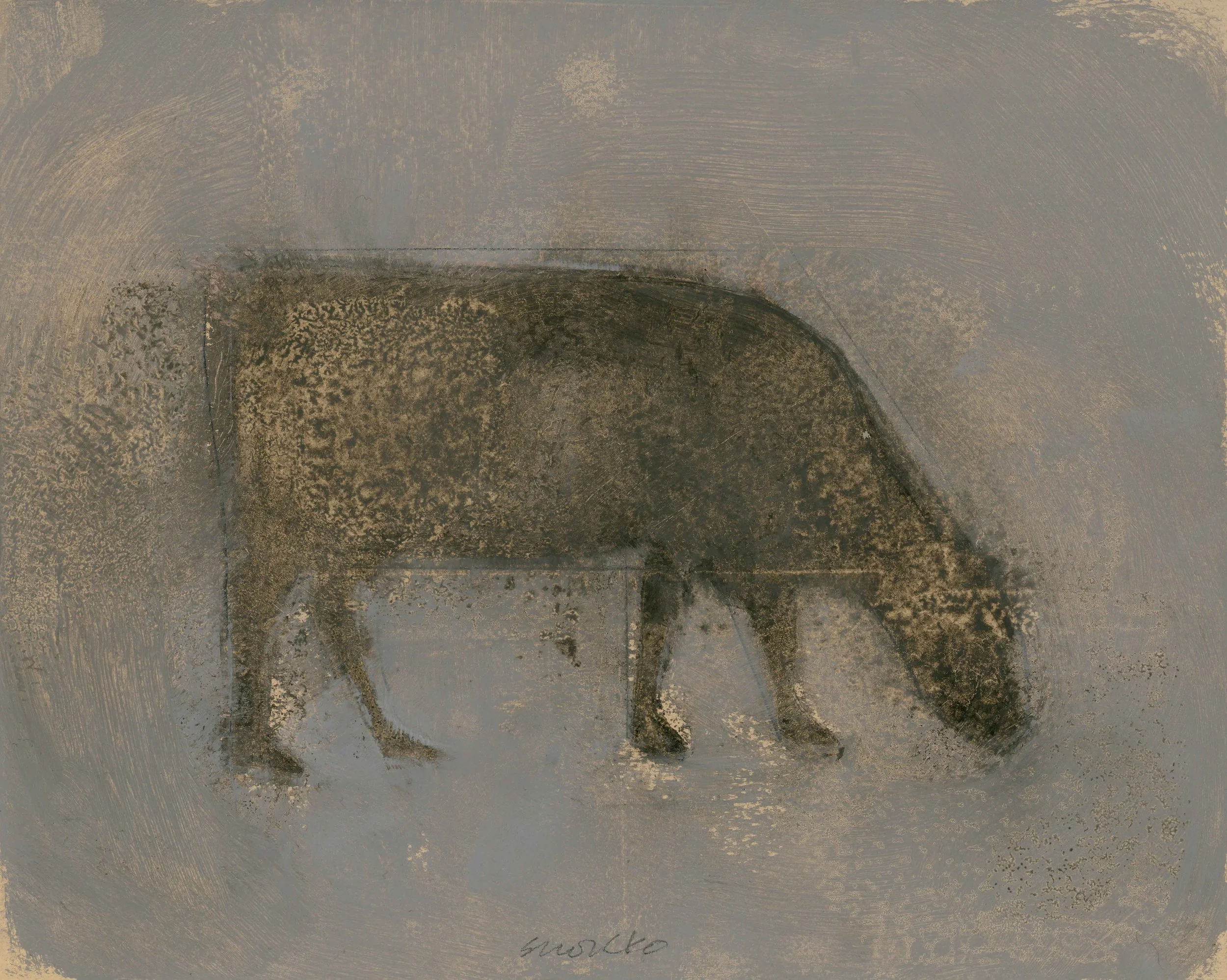 Grazing cow dissolving into a rustic background.