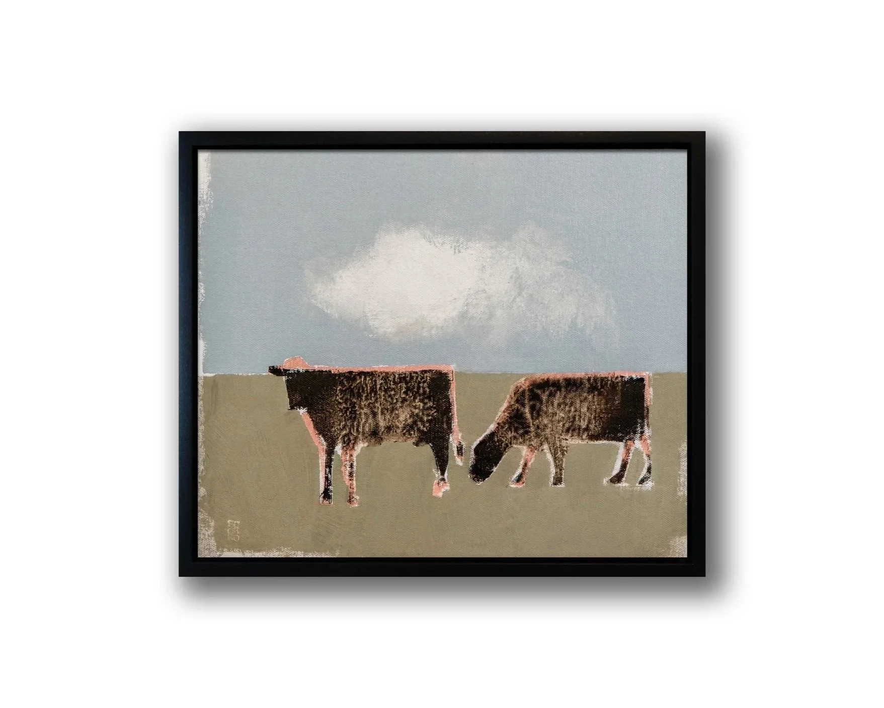 Two black cows outlined in pink, oil on linen.