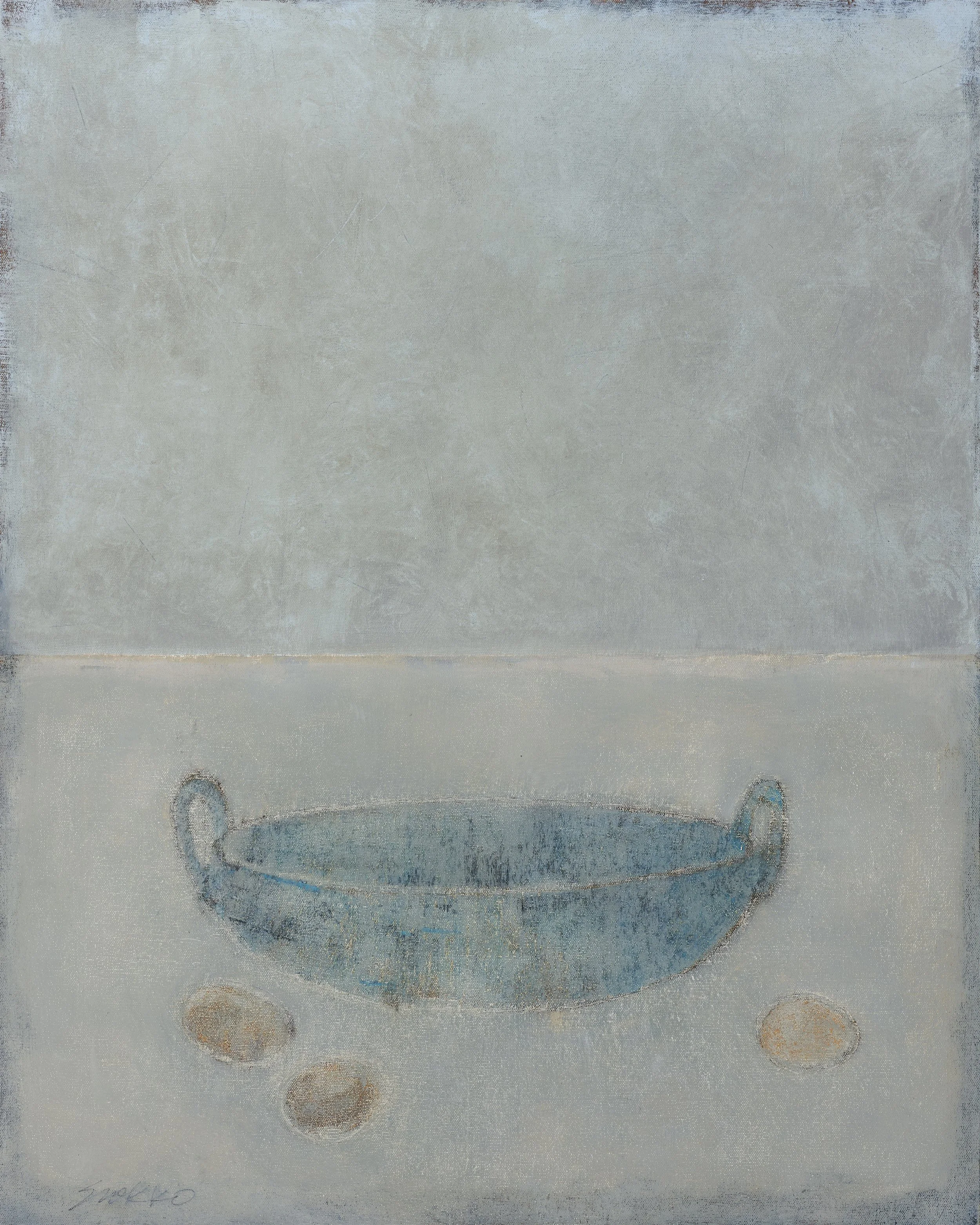 Still life with large bowl and three eggs, oil on canvas.