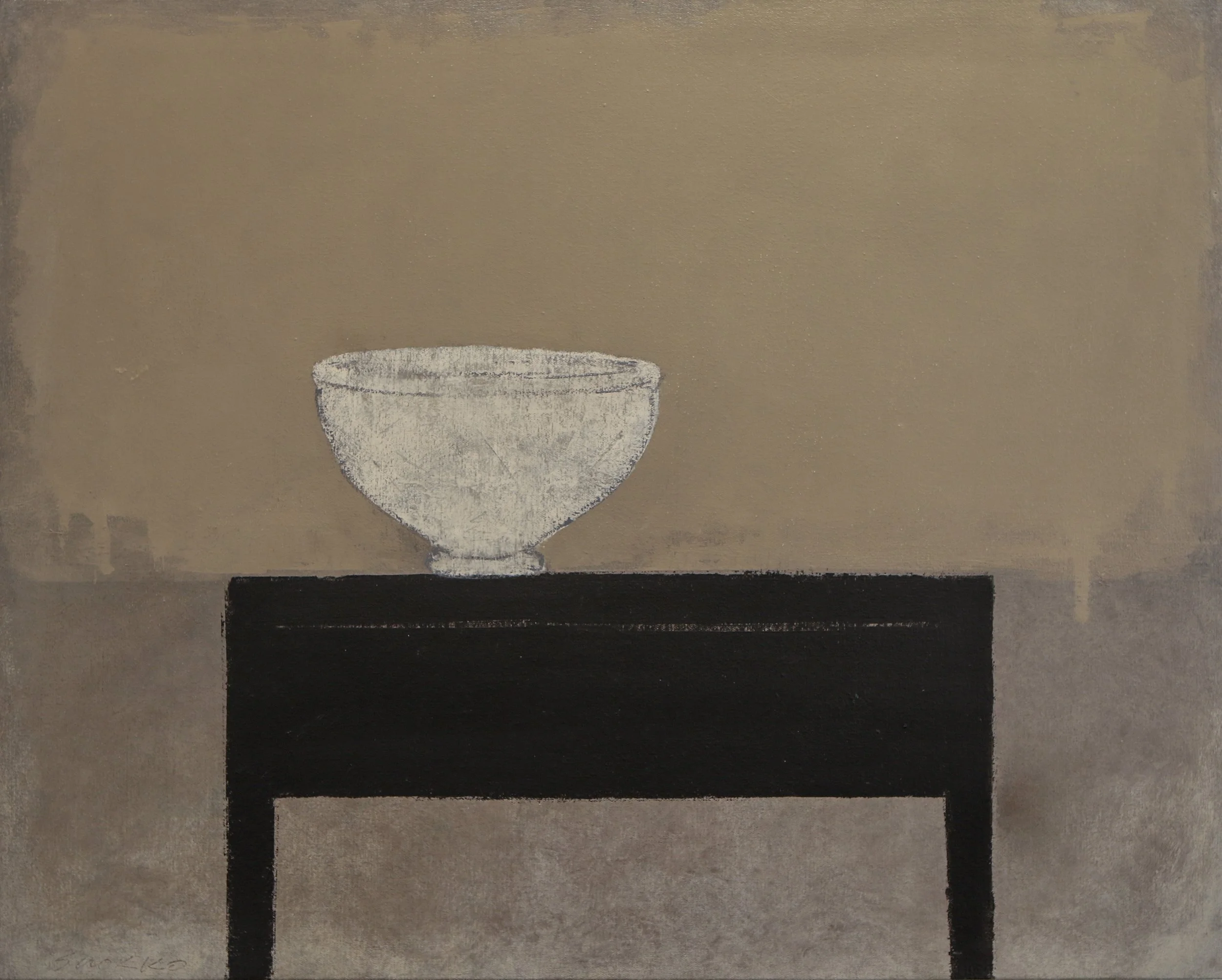 Abstract still life with white bowl on a black table.
