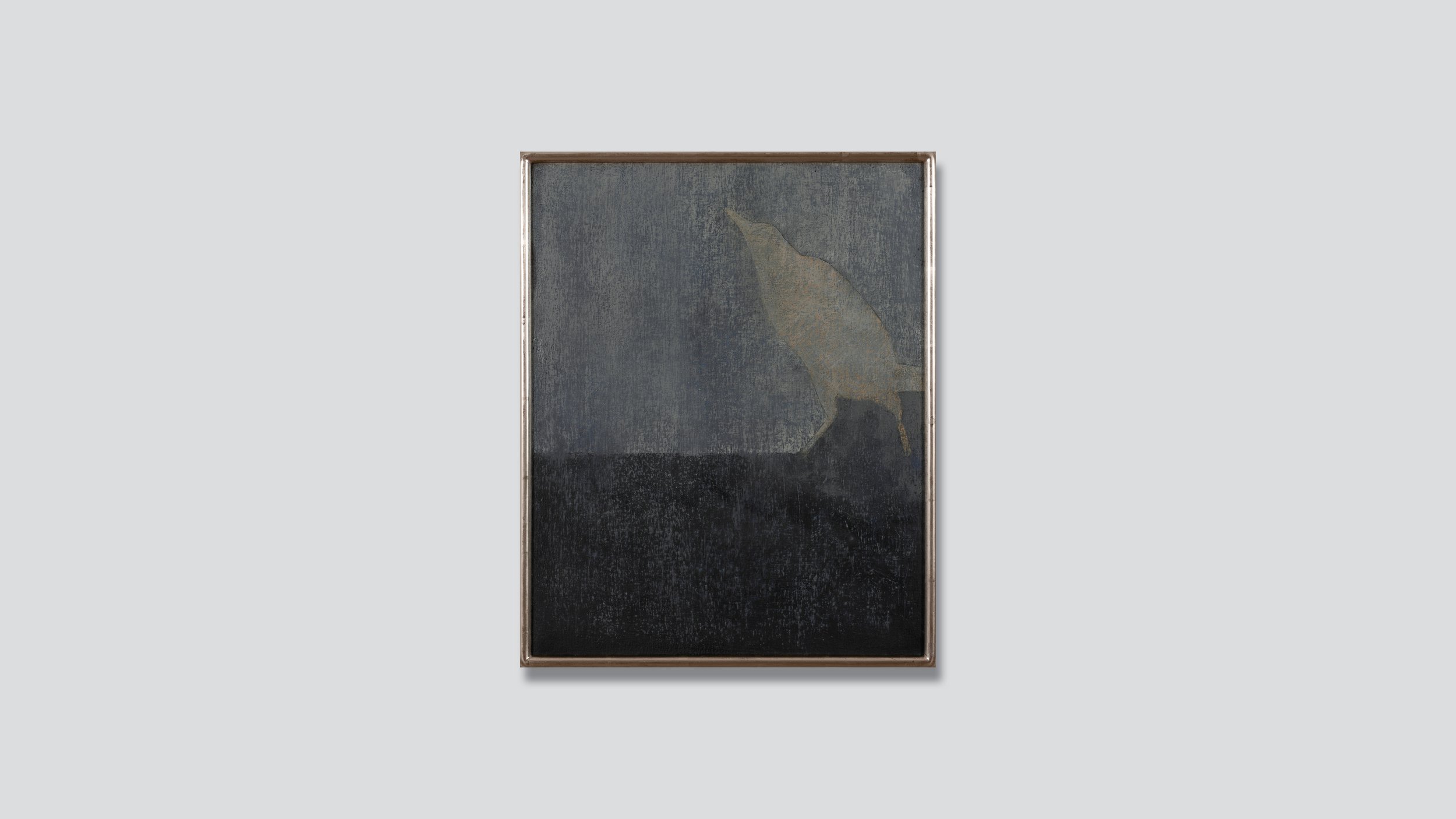 Framed contemporary oil painting of a bird on a blue and gray background, oil on canvas.