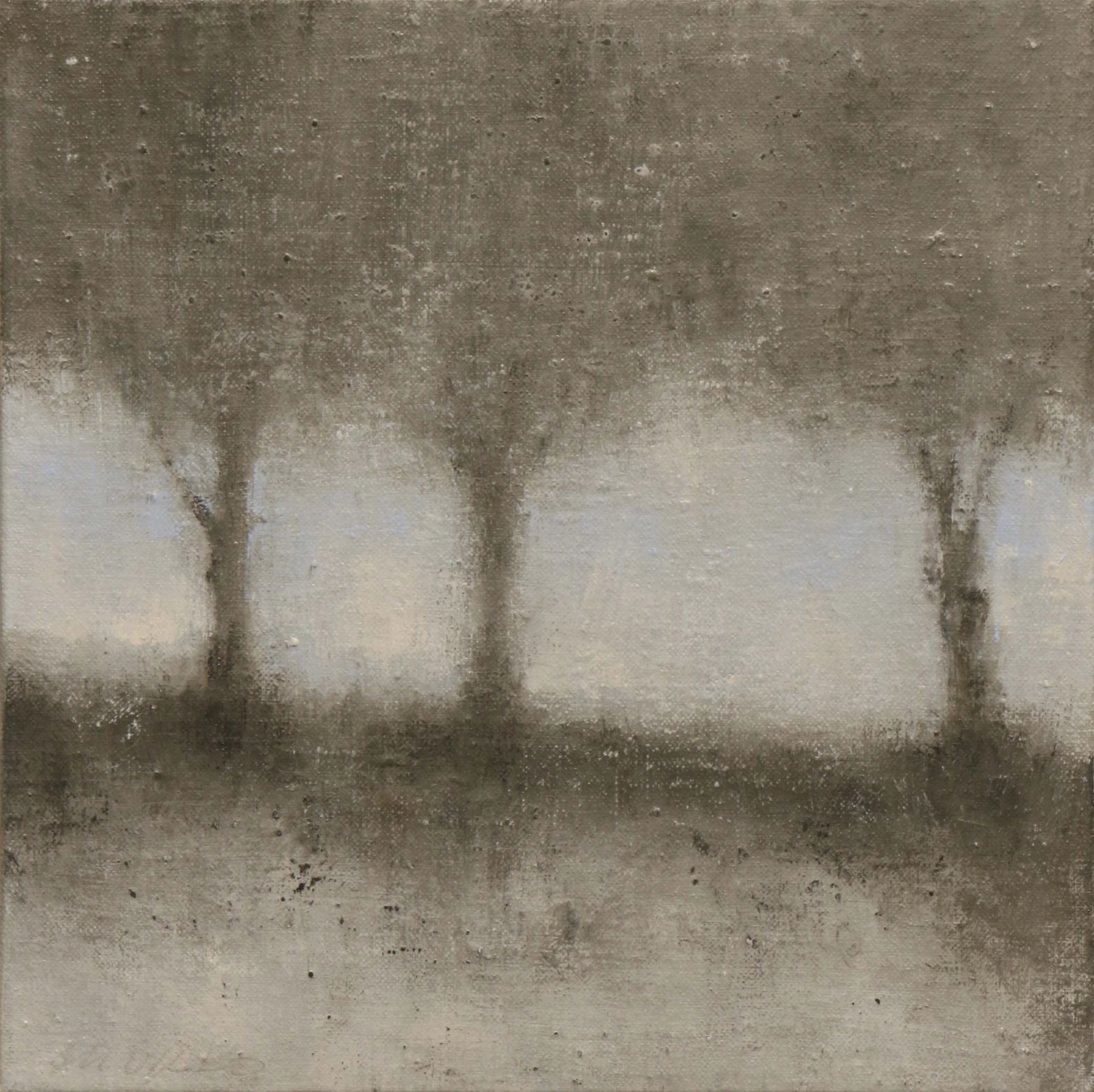 Twilight trees in soft gray silhouette.