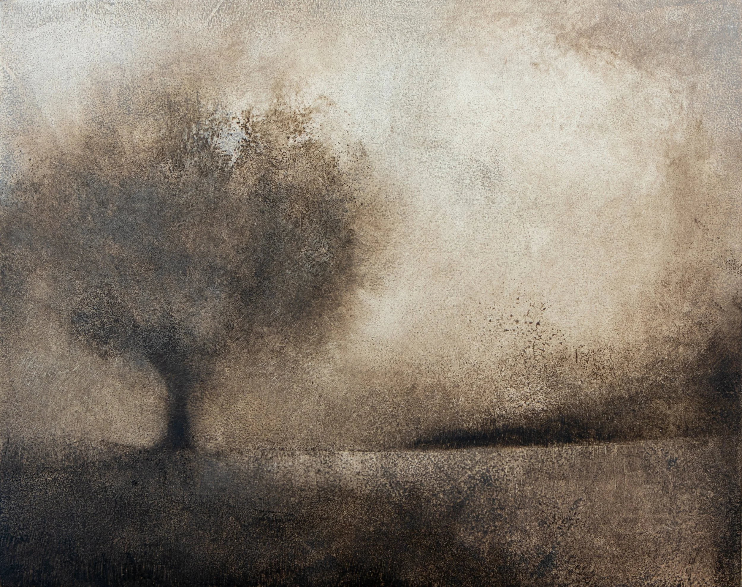 Minimalist oil painting of a solitary tree in a meadow, rendered in atmospheric raw umber earth pigments.