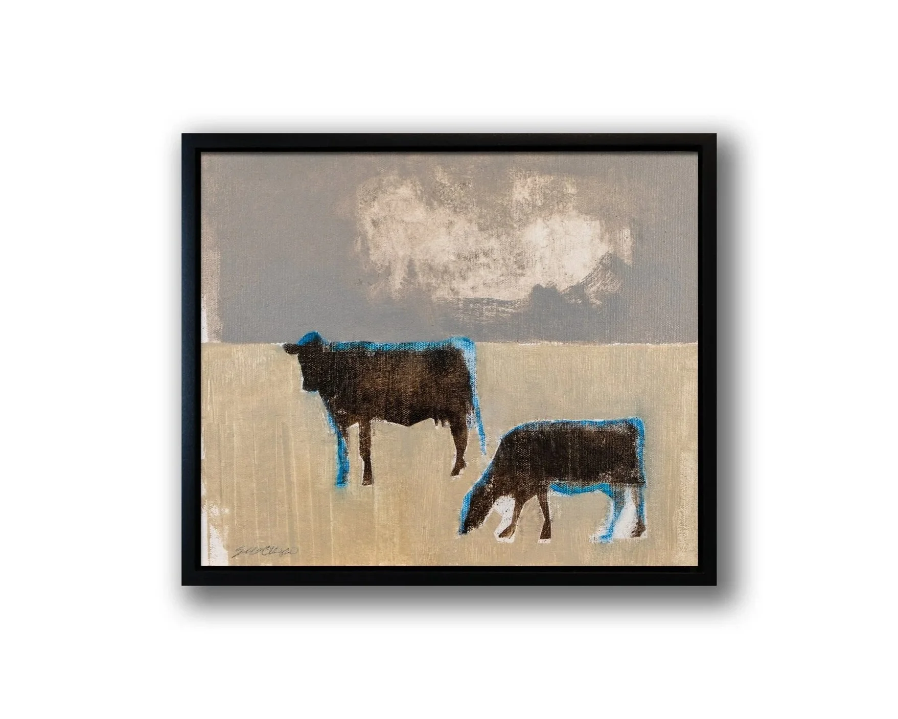 Two black cows outlined in blue, oil on linen.