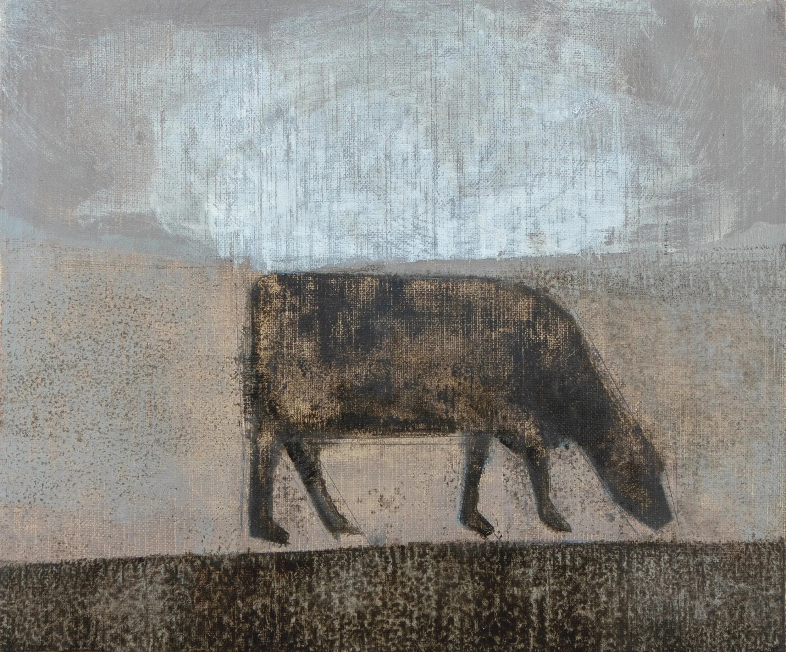 A textured painting of a dark brown cow walking against a background of a light blue sky and beige ground.