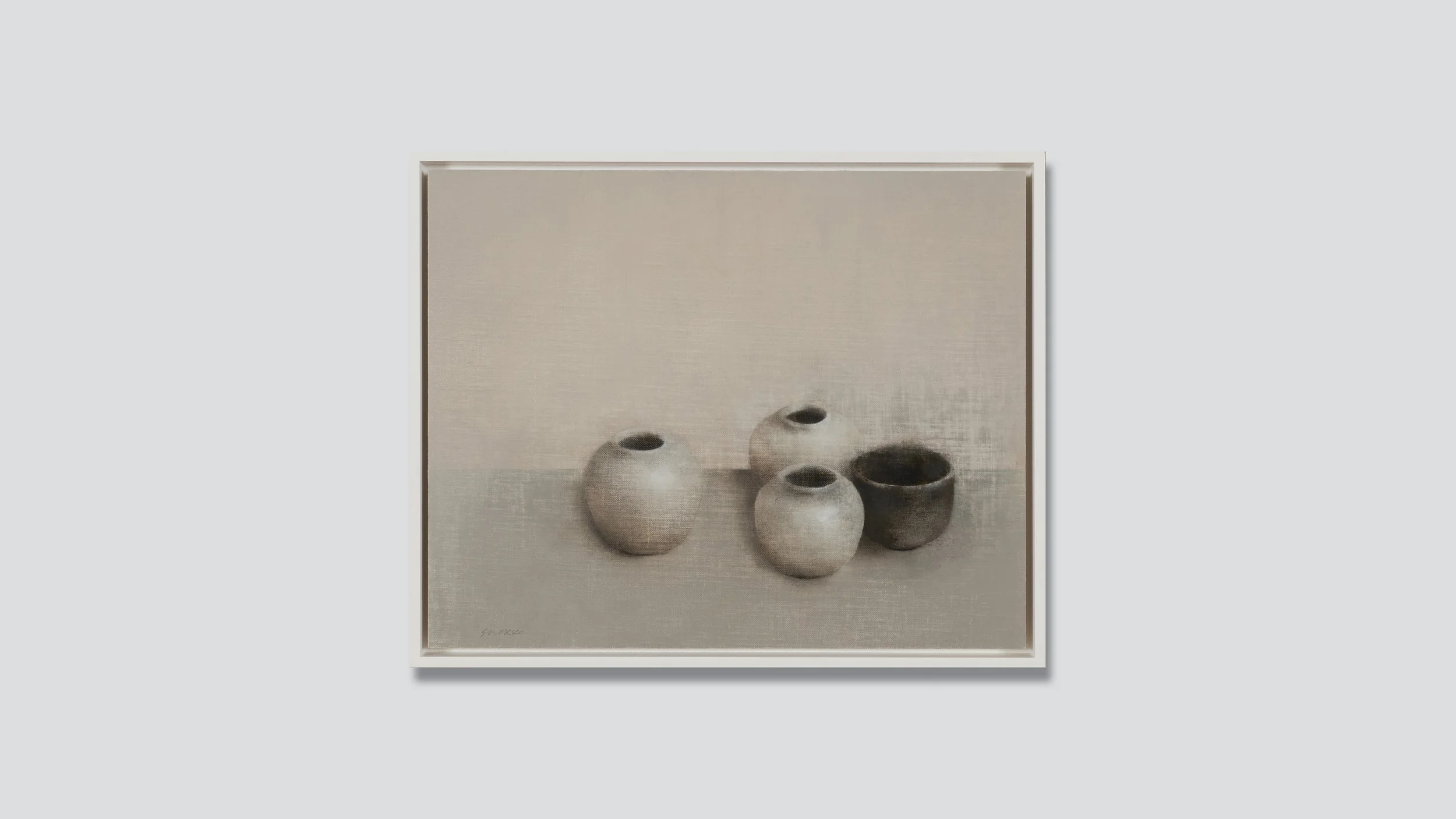 Framed still life oil painting of four vessels in gray.
