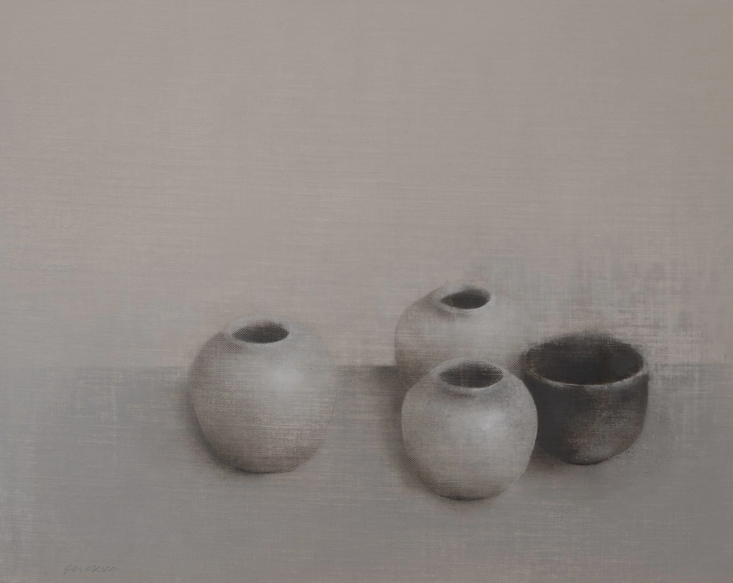 Still life with three ginger jars and a black cup, a study in gray, oil on linen.
