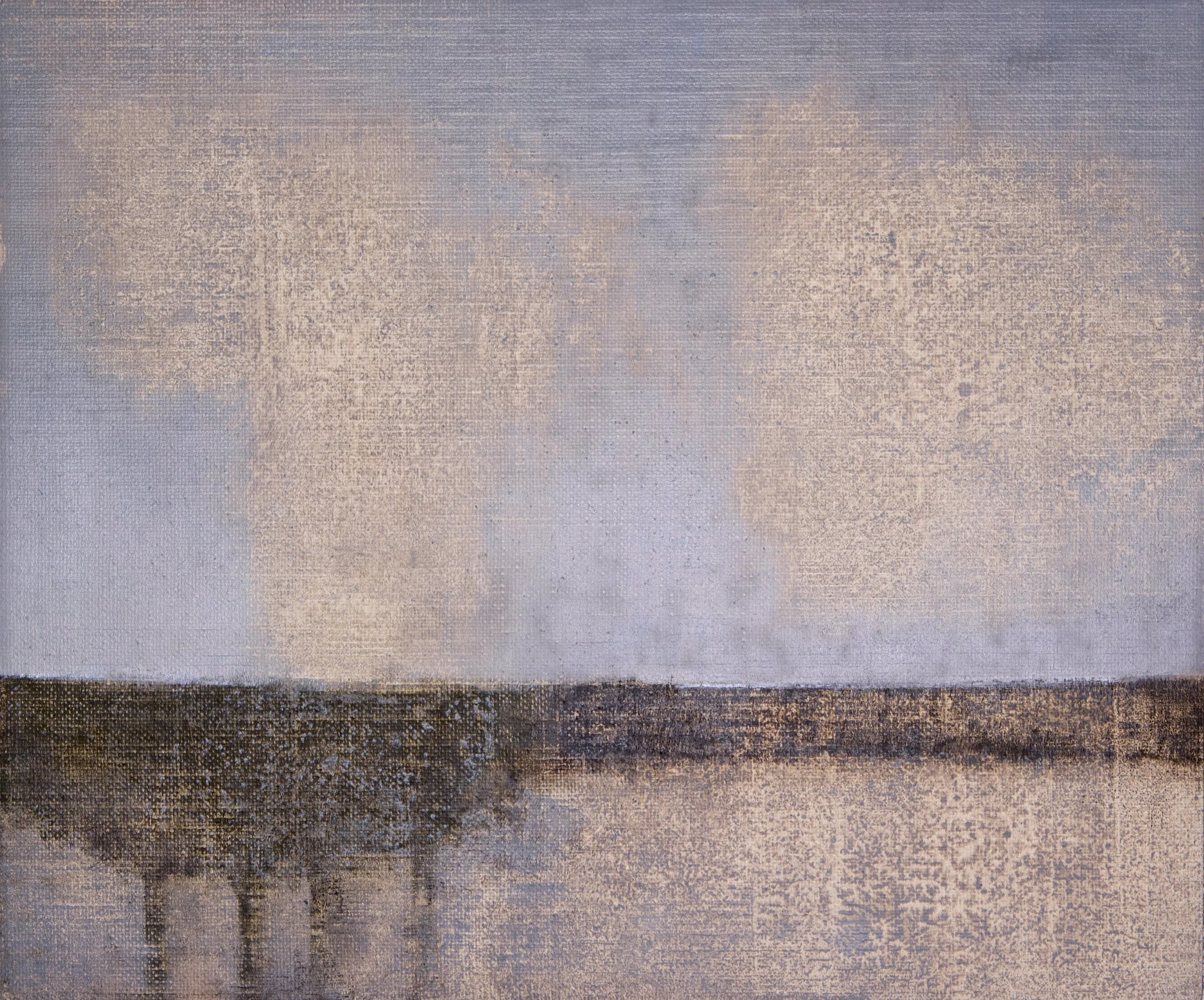 Quiet landscape with four trees in foreground, oil on linen.