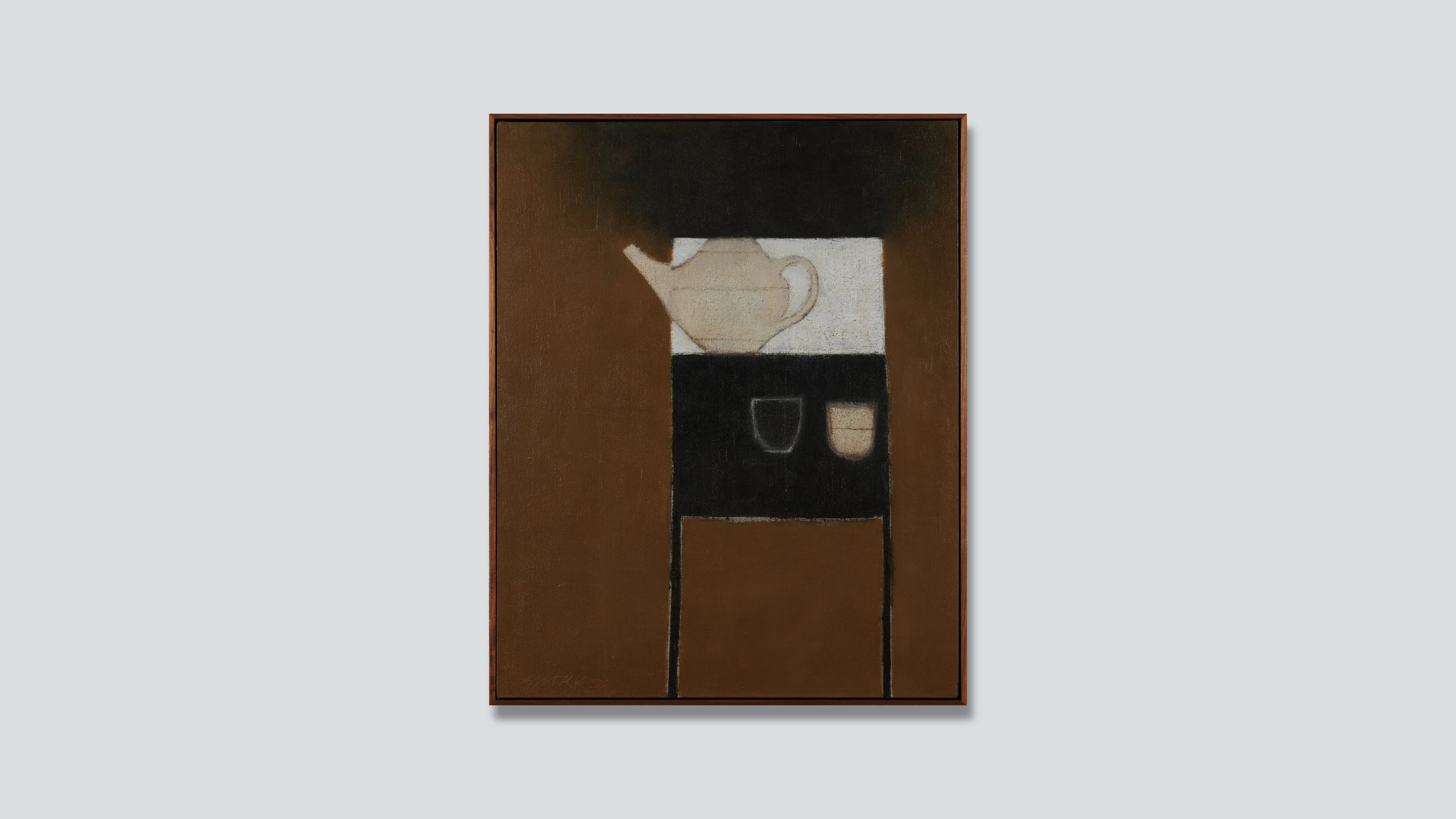 Framed painting, composition with teapot and two cups on a table.