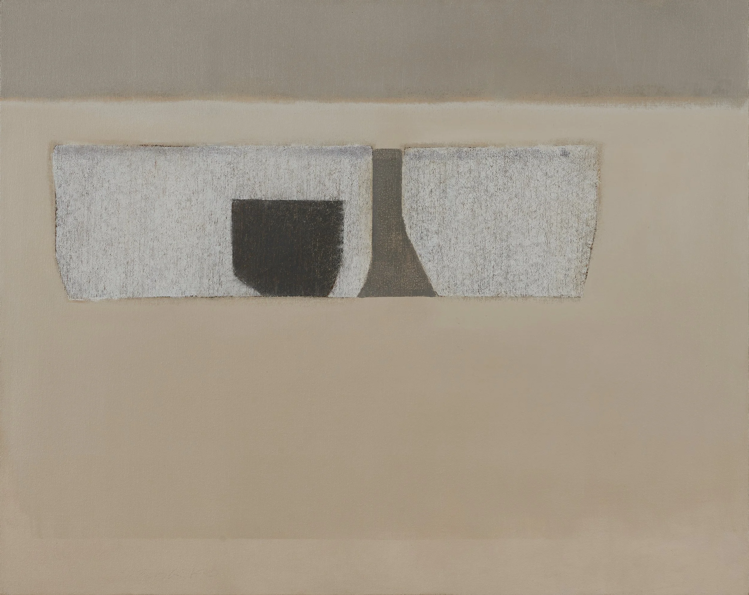 Abstract still life of three vessels on a table in neutral colors.