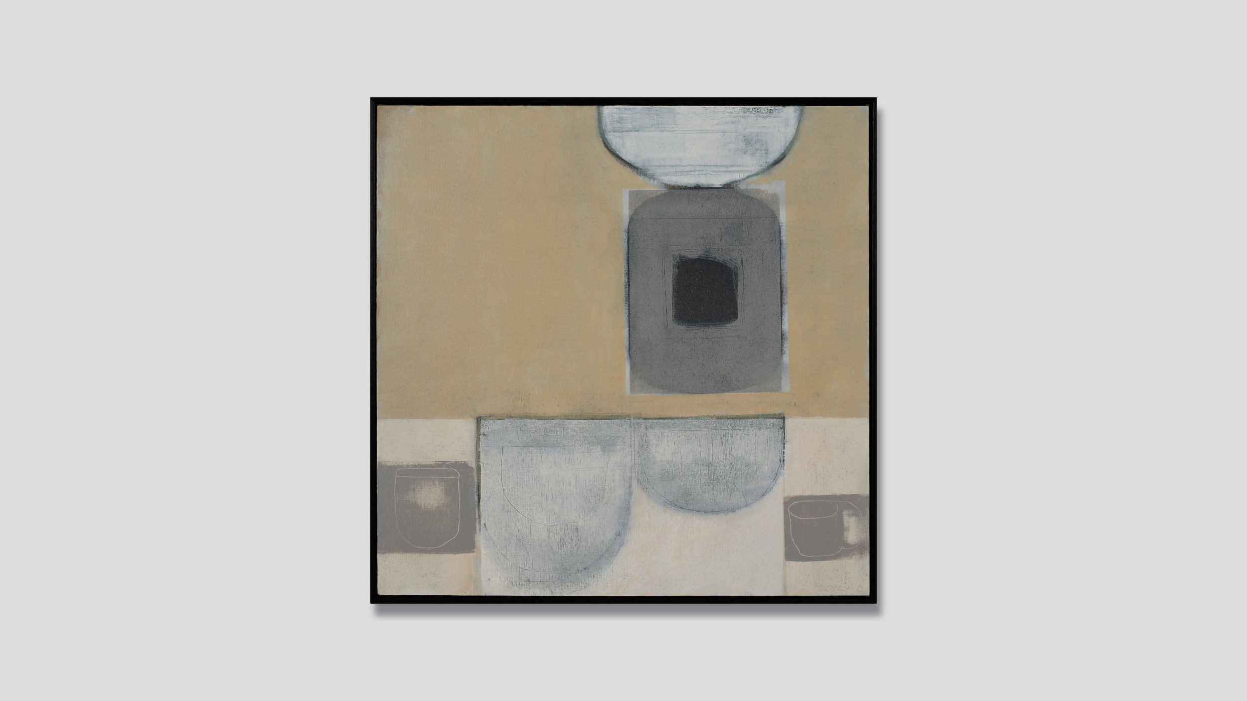 Framed abstract still life painting, oil on canvas