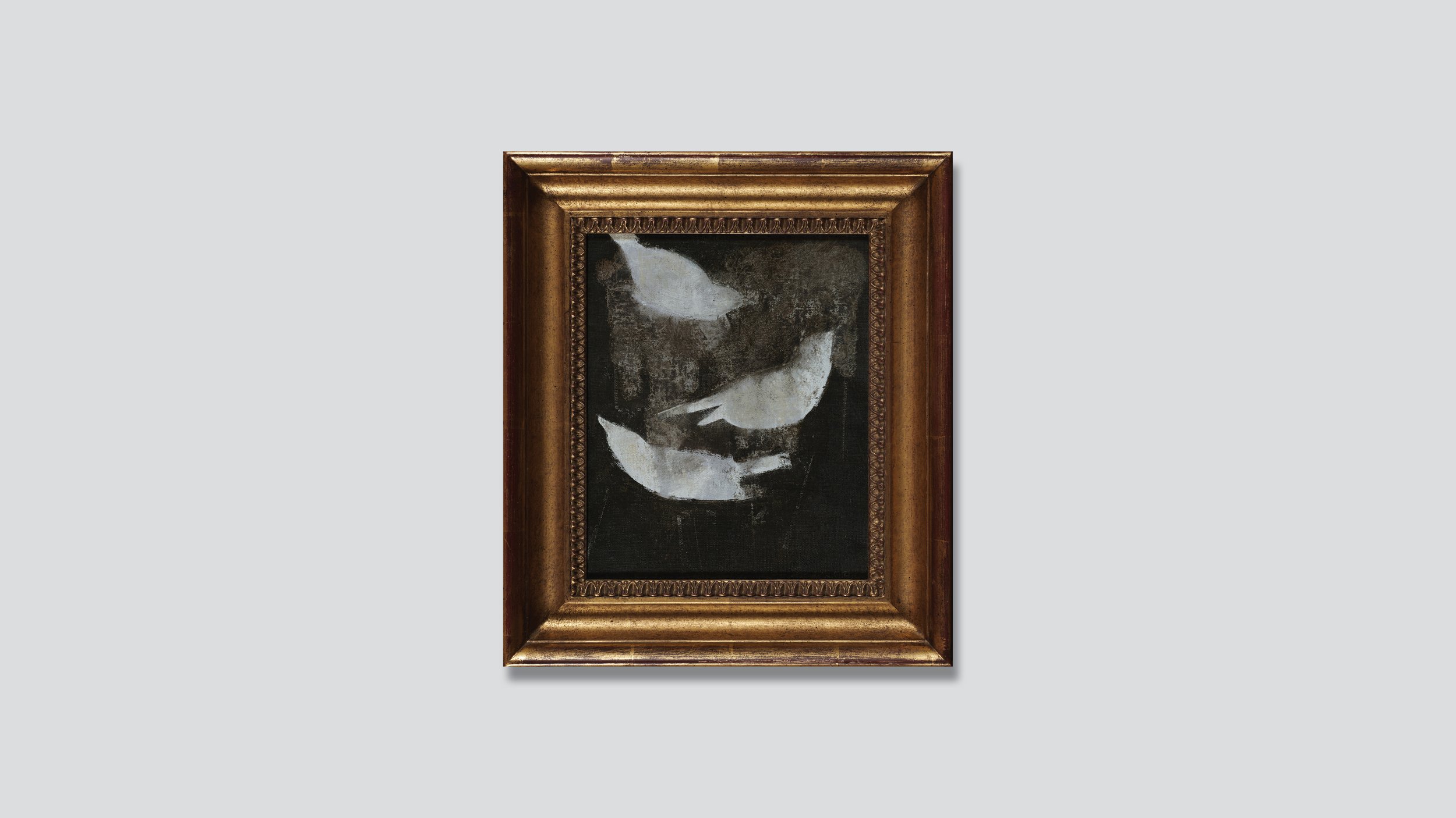 Framed painting of three birds on a dark background, oil on linen by Glenn Suokko.