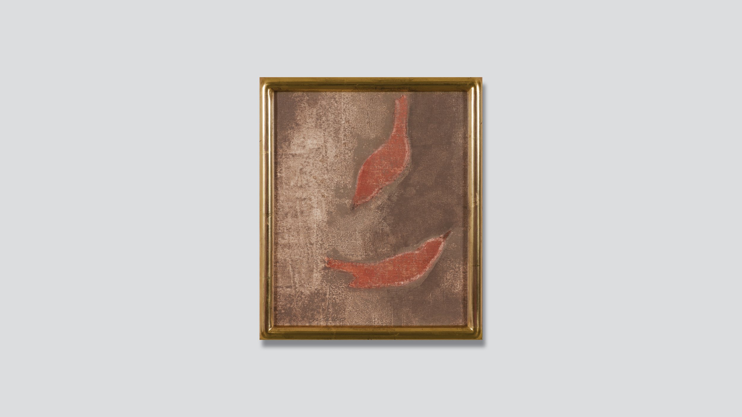 Two red bird forms, oil on linen by Glenn Suokko.