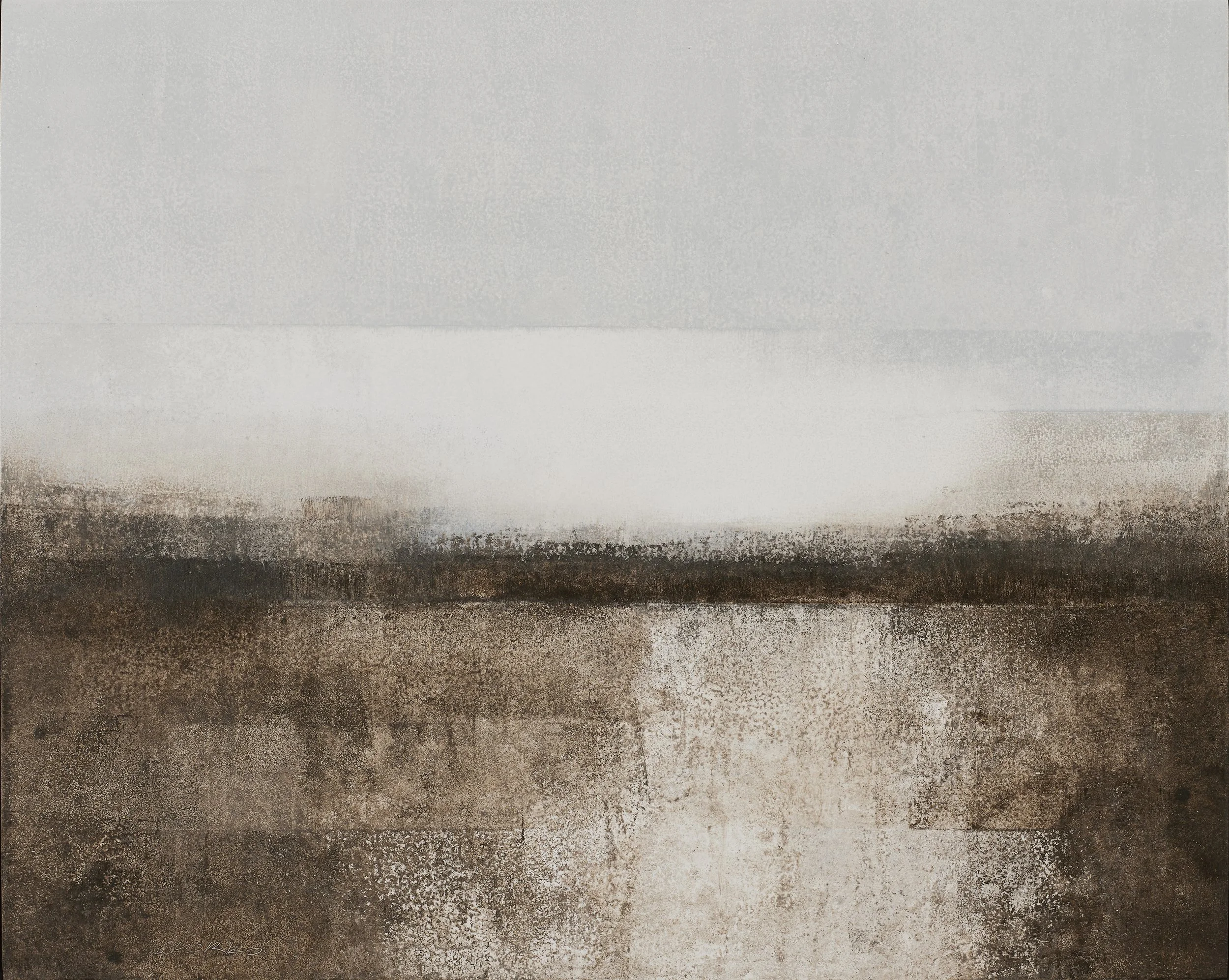 Landscape, sky and land divided equally by the horizon, oil on wood, Glenn Suokko.